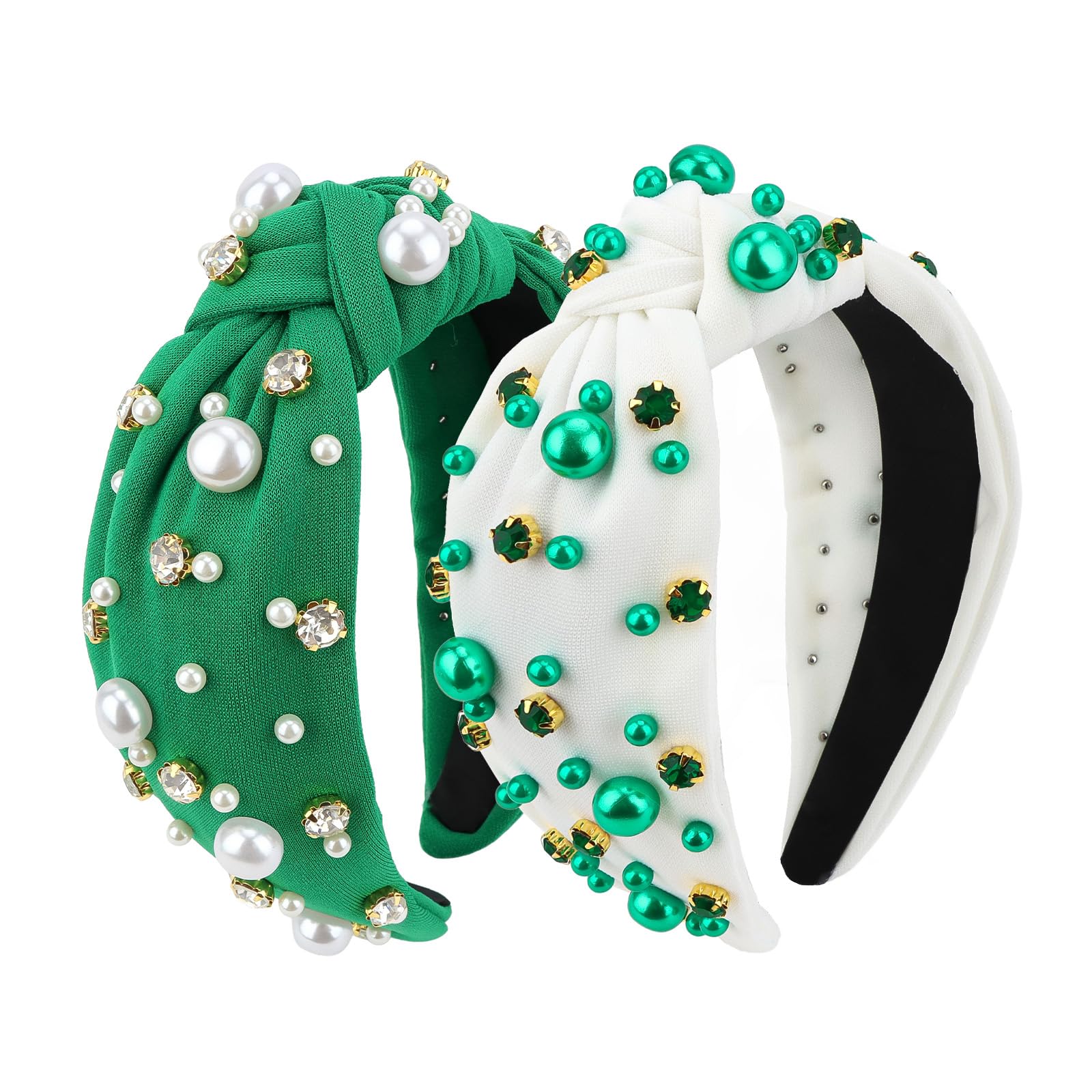Wecoe 2pcs Knot Headbands Pearl Rhinestone Wide Cloth Headbands Cute White Green Head Bands Non Slip Fashion Sparkly Beaded Hair