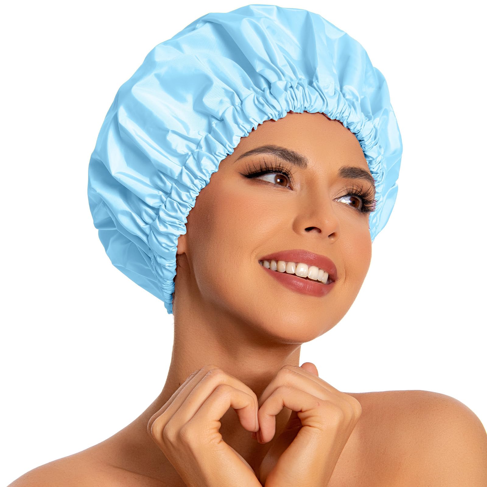 Reusable Shower Cap For Women, Large Waterproof Shower Bonnet Washable Elastic Band Bath Hair Hat For Long Hair, Braids(Light Bl