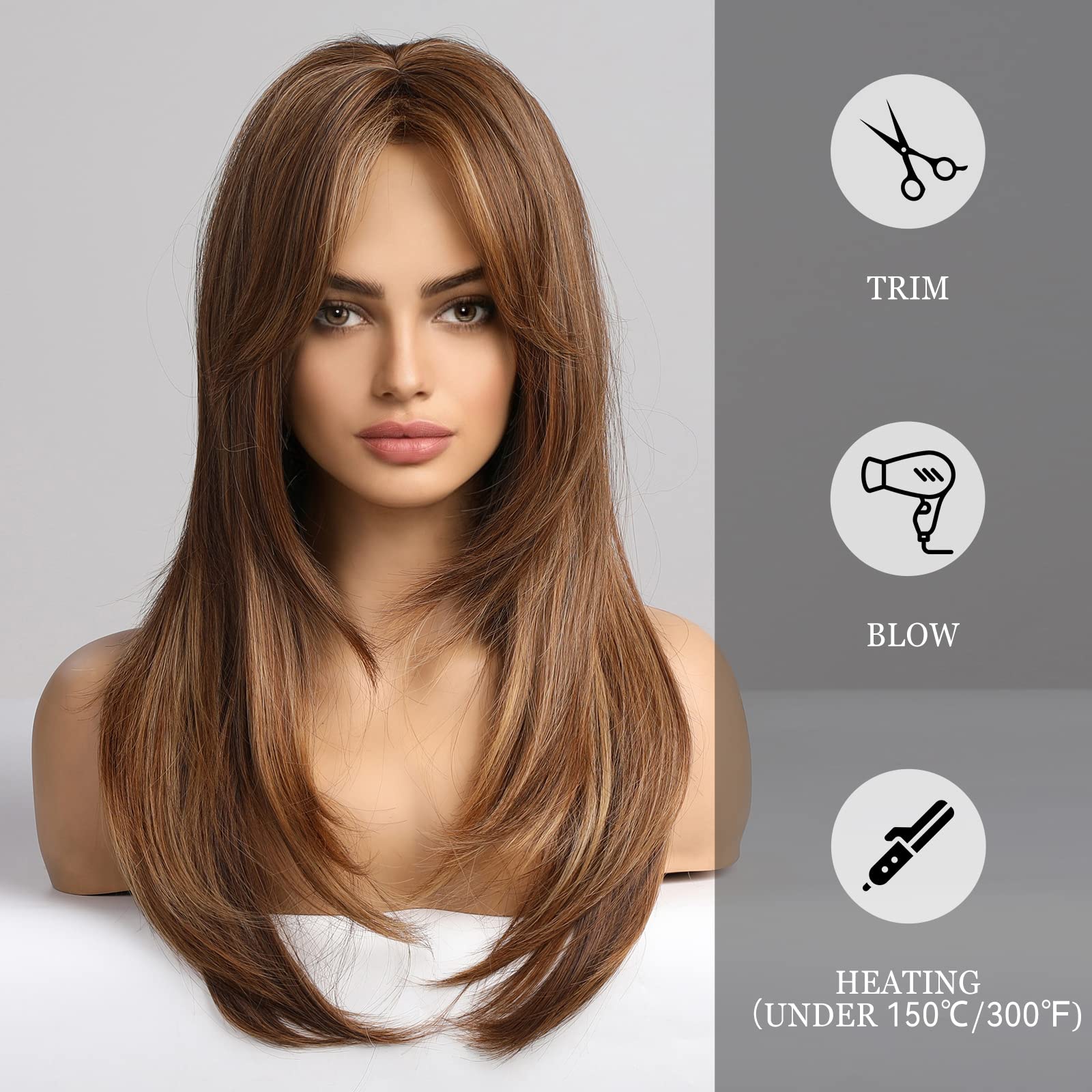 HAIRCUBE Brown Wigs for Women,Long Layered Brown with Blonde Highlight Wigs with Bangs Heat Resistant Synthetic Fibre Wigs(peluc