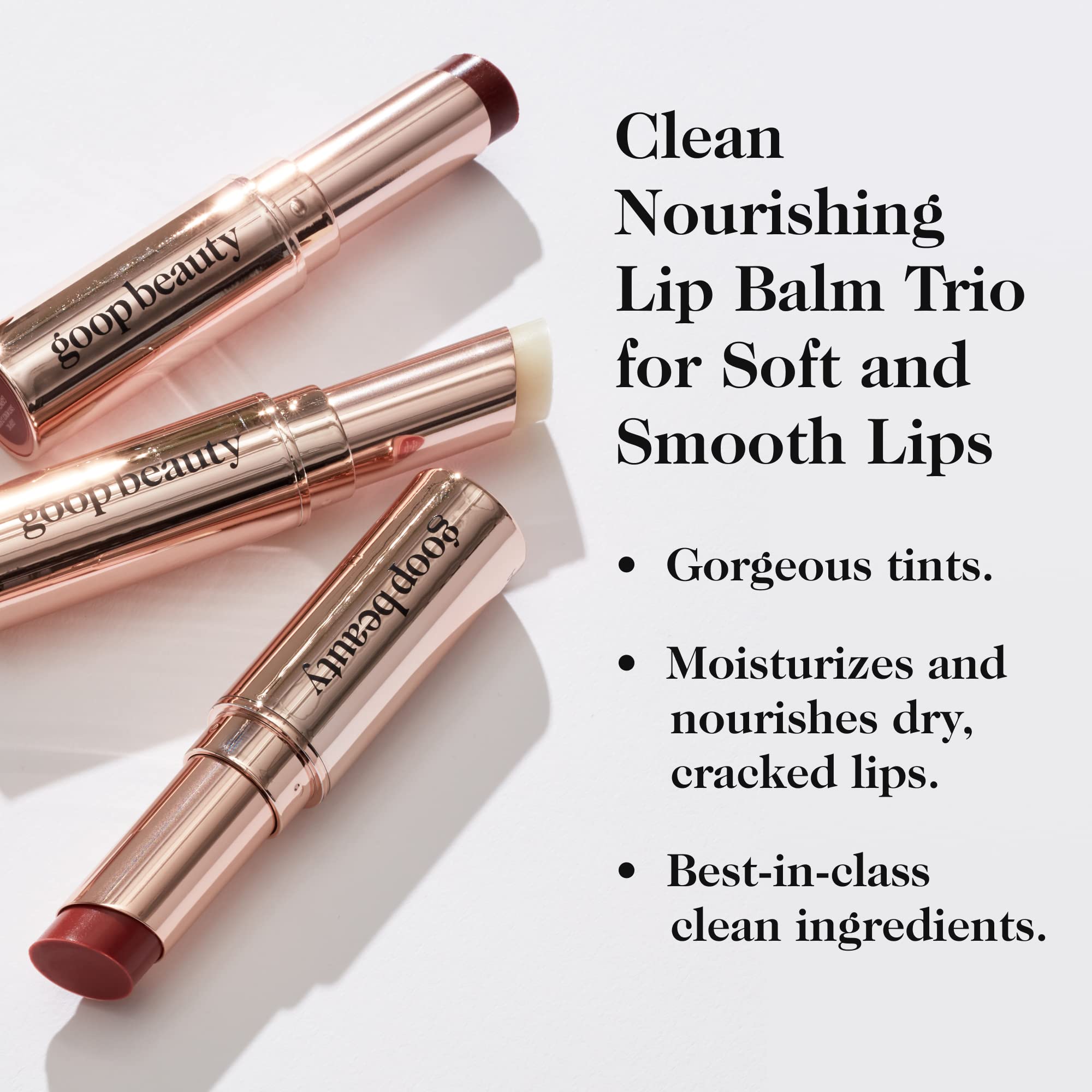 goop Beauty Lip Balm Trio | Moisturizing & Hydrating Lip Balm for Chapped & Dry Lips | Clear, Translucent Garnet, & Sheer Rose |