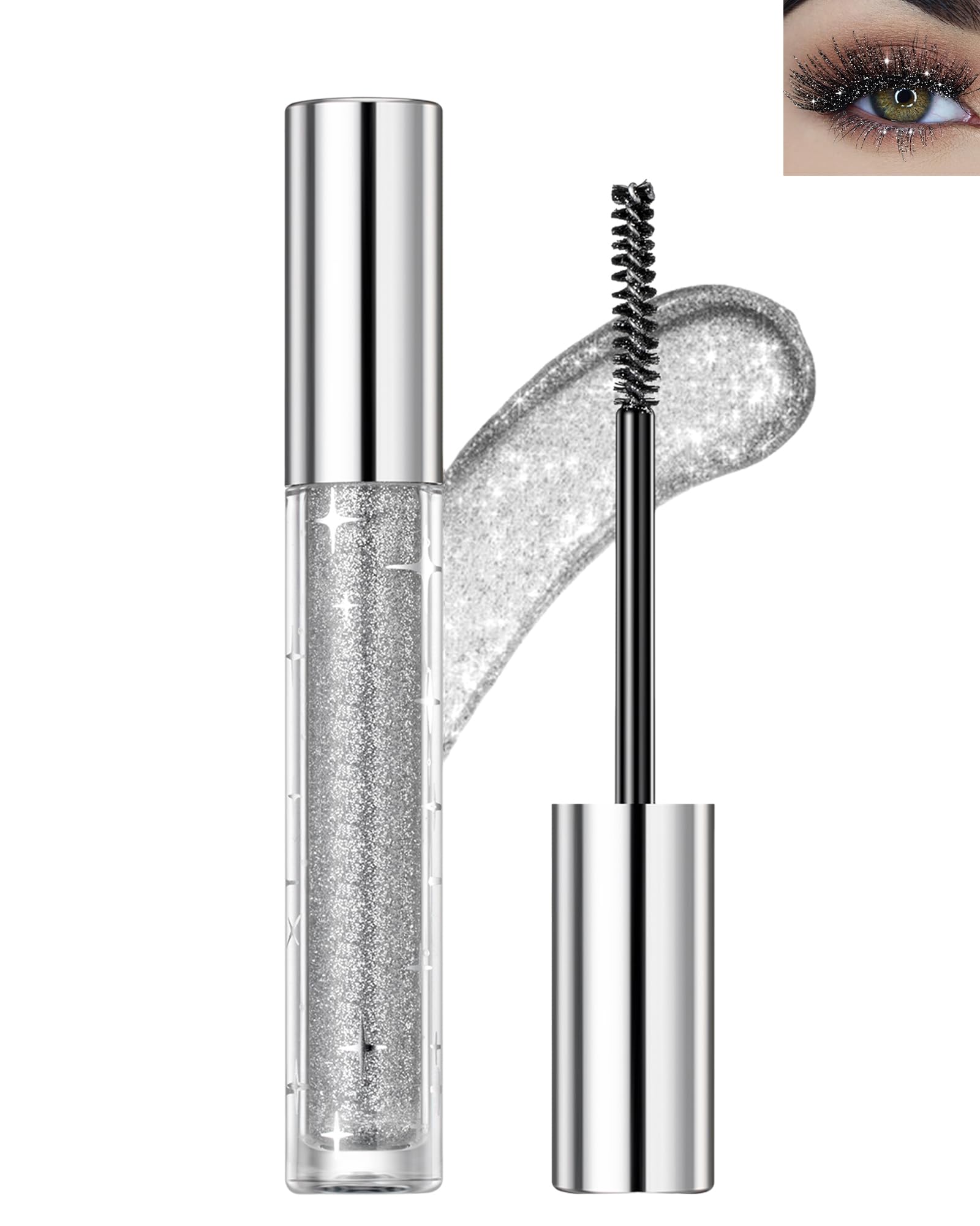 Glitter Mascara For Eyelashes, Sparkling Silver Colored Mascara Waterproof Long Lasting Diamond Mascara, Smudge-Proof No Clumpin