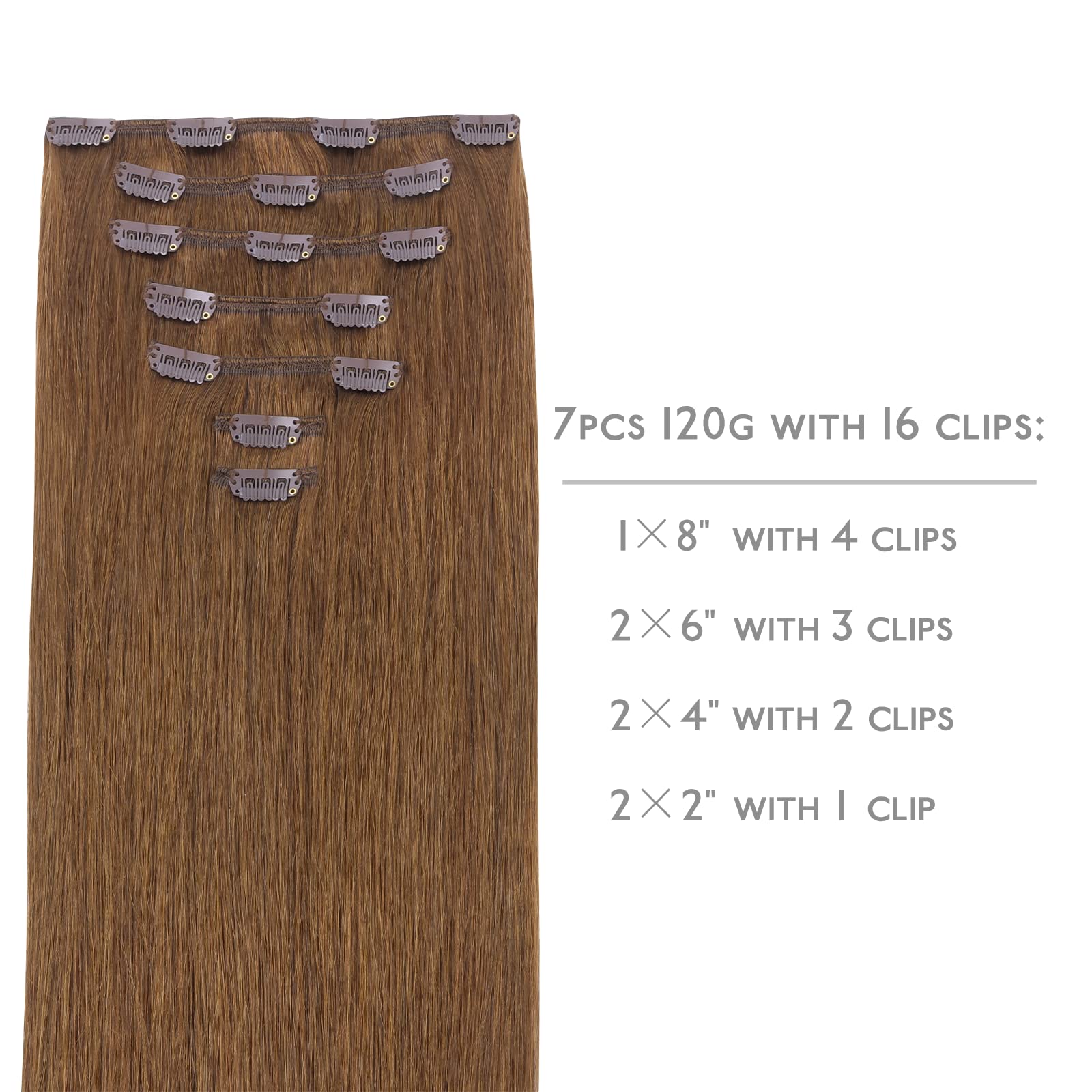 Wennalife Clip In Hair Extensions Real Human Hair, 20 Inch 120G 7Pcs Human Hair Extensions Clip In Human Hair, Light Auburn Brow