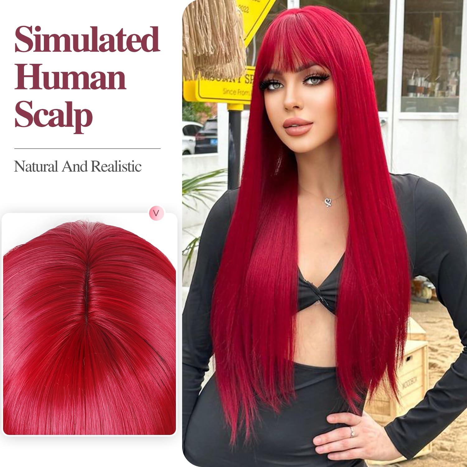 Wiger Long Red Wigs With Bangs Straight Red Hair Wig For Women Long Hot Pink Bangs Wig Full Cosplay Wig For Women Synthetic Natu