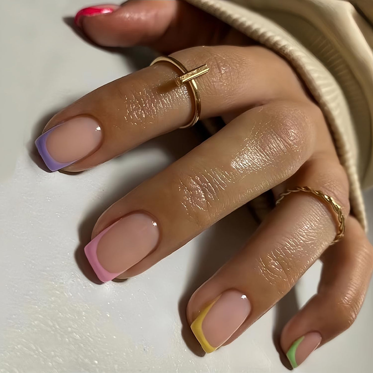 French Press on Nails Short Square Fake Nails, Classic Colorful French Tip Acrylic Nails, Nude Glossy Gel False Nails Kits Salon