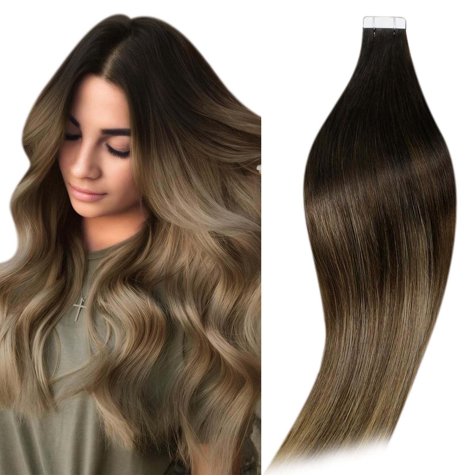 Runature Balayage Black Tape Ins Human Hair Extensions 24 Inch Long Tape In Hair Extensions Human Hair Ombre Black Rooted To Bro