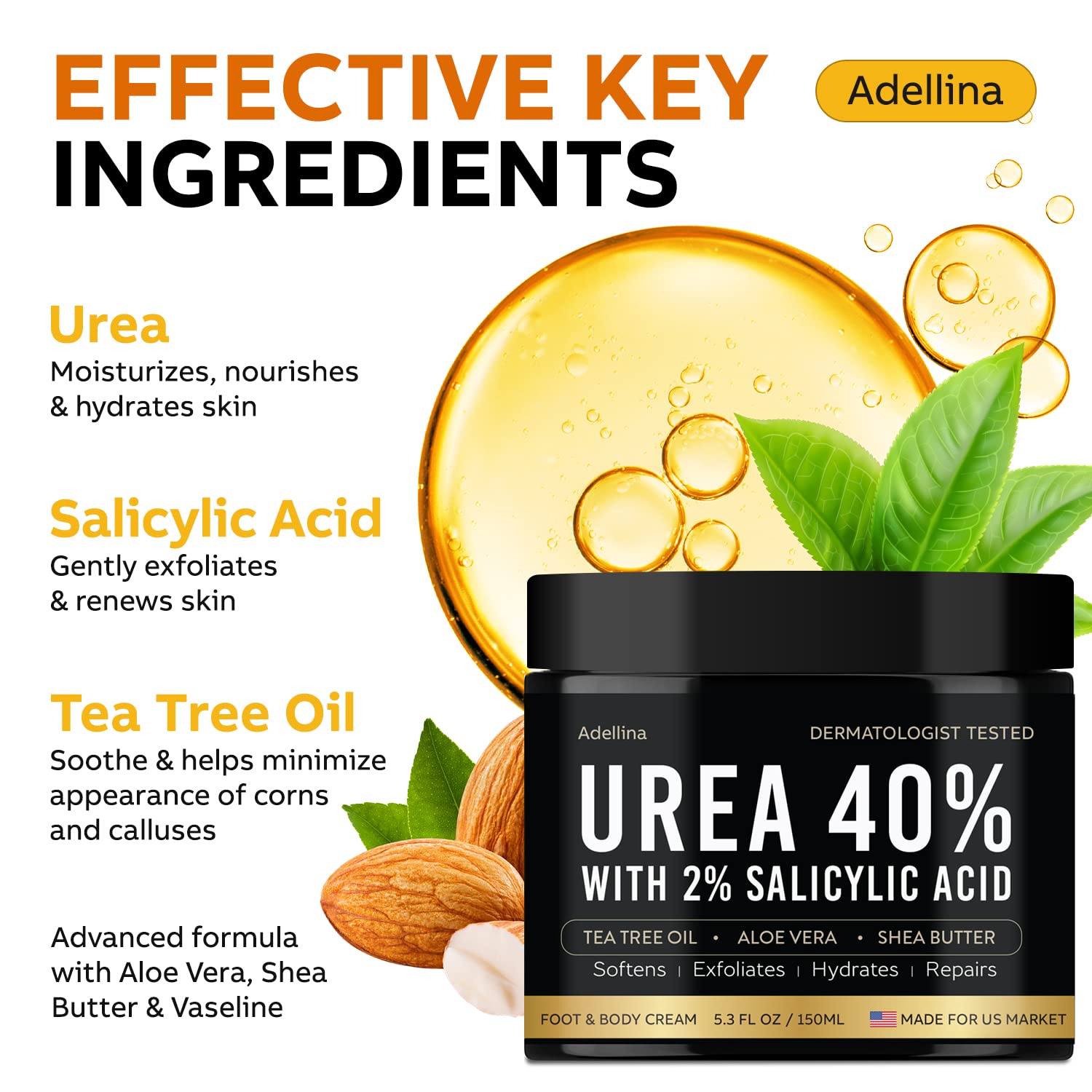 Adellina Urea Foot Cream 40% - Maximum Strength for Dry Cracked Heels, 5.3 Fl Oz, Model ADL-40