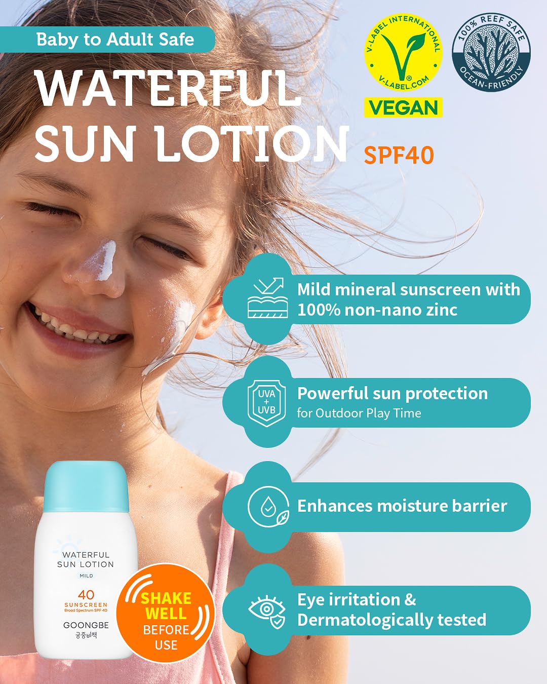 GOONGBE Waterful Sun Lotion Mild SPF 40 - Zinc Oxide Water Resistant Mineral Sunscreen for Babies, Kids & Adults - Hypoallergeni