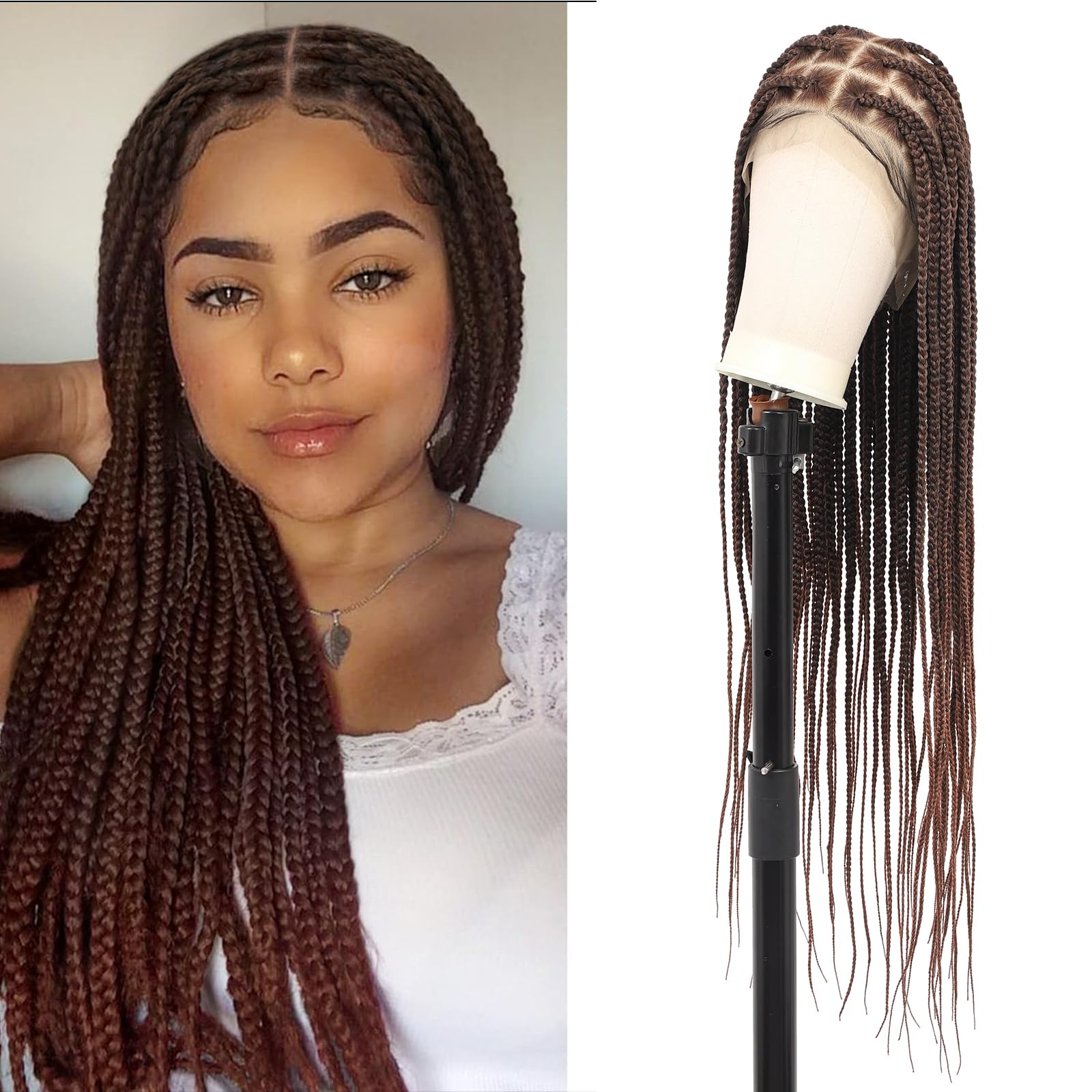 Kalyss 360 Full Lace Front Braided Wig With Baby Hair Box Braided Wigs Square Knotless Braided Wig Brown 36'' Hd Full Lace Braid