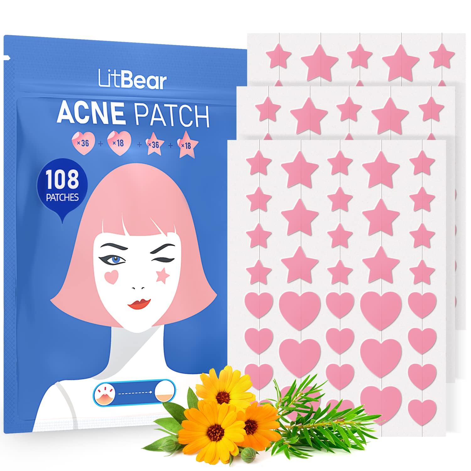 LitBear Acne Patch Pimple Patch, Pink Heart & Star Shaped Absorbing Cover Hydrocolloid Patches For Face Zit, Acne Dots, Tea Tree