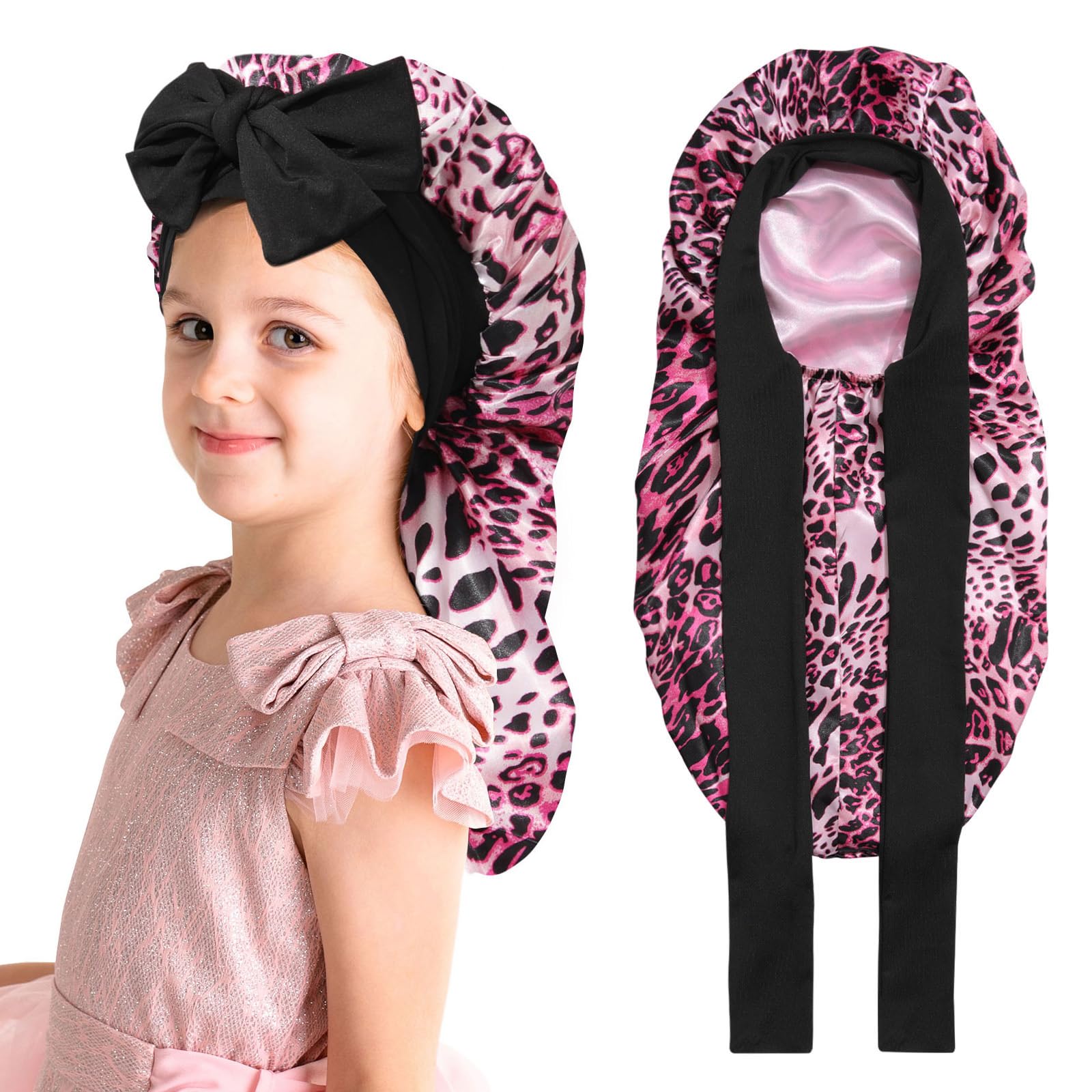 Kids Long Hair Bonnet for Sleeping - Double Layer Girls Elastic Satin Bonnet with Tie Band for Braid Curly Hair (Pink Leopard+Pi