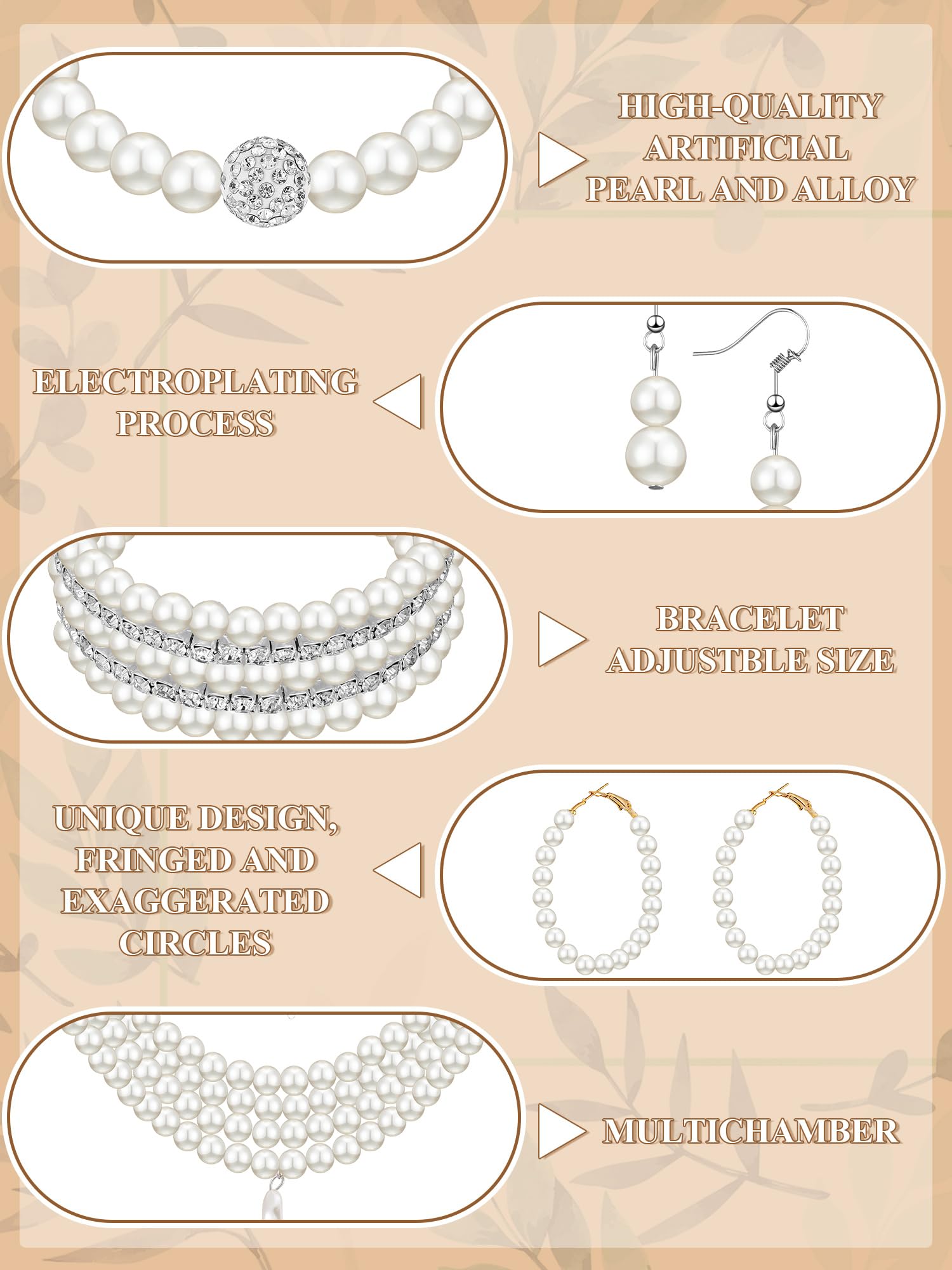 BBTO 8 Pcs Pearl Necklace and Earrings Set for Women Pearl Bracelets Costume Jewelry Set for Wedding Bridal Halloween Party(Vint