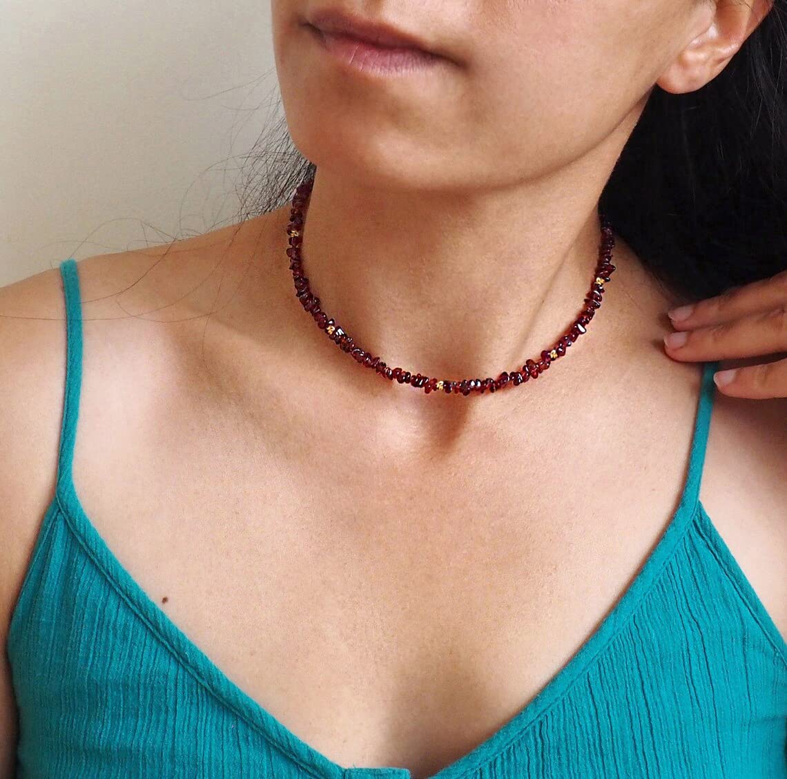 Aobei Pearl Genuine Garnet Choker Irregular Rhodolite Garnet Chips Beaded Necklace Summer Beach Gemstone Jewelry for Women 15