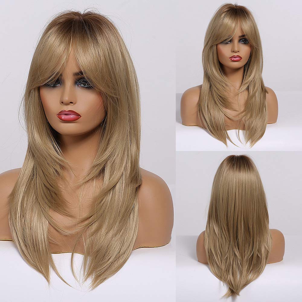 HAIRCUBE Ash Blonde Wigs for Women Long Layered Curly Wig Shoulder Length Heat Resistant Synthetic Wigs with Bangs