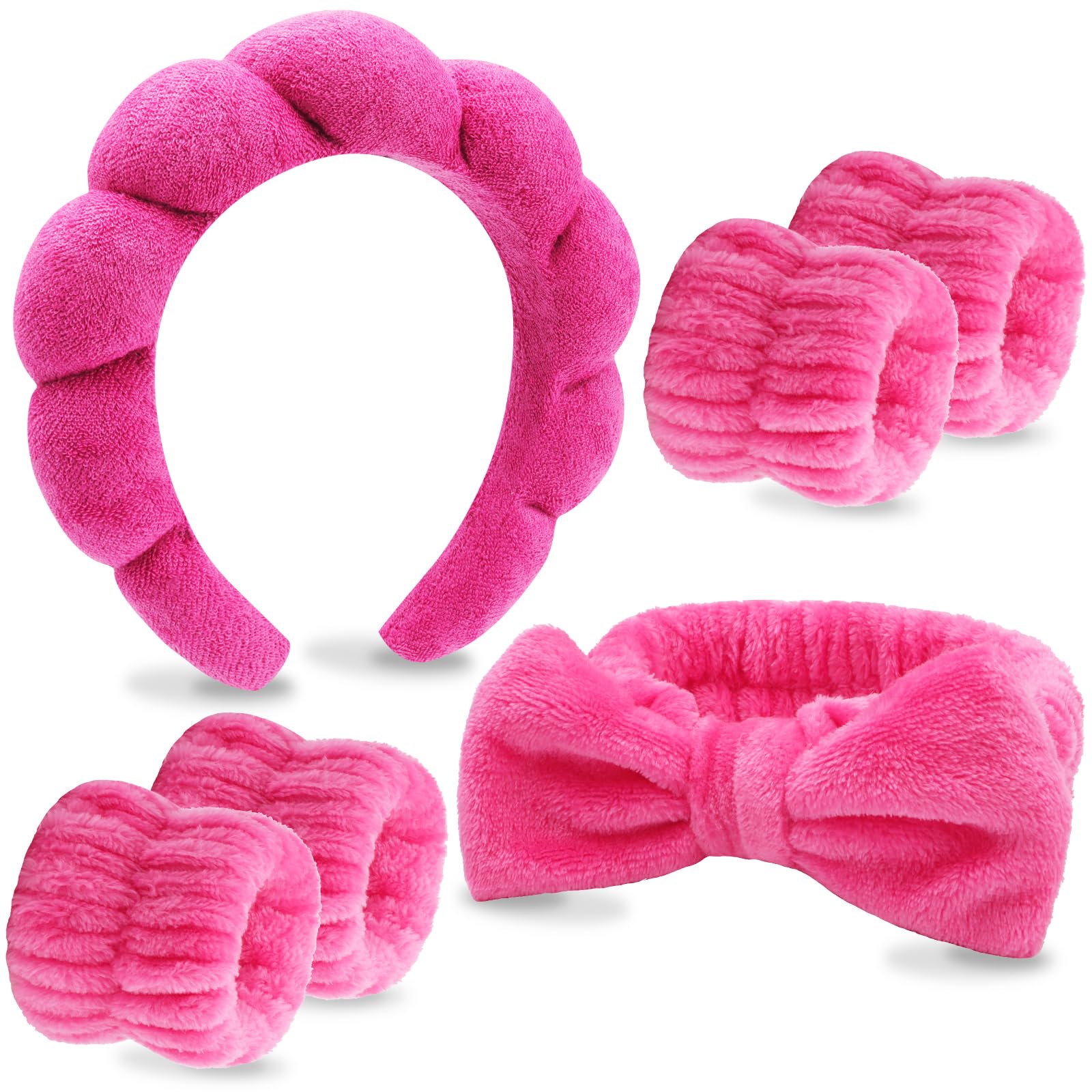 VELSCRUN 6 Pack Makeup and Skincare Headbands - Rose Pink Sponge Hair Bands, Bow Tie Wristbands for Face Washing, Women's Hair A