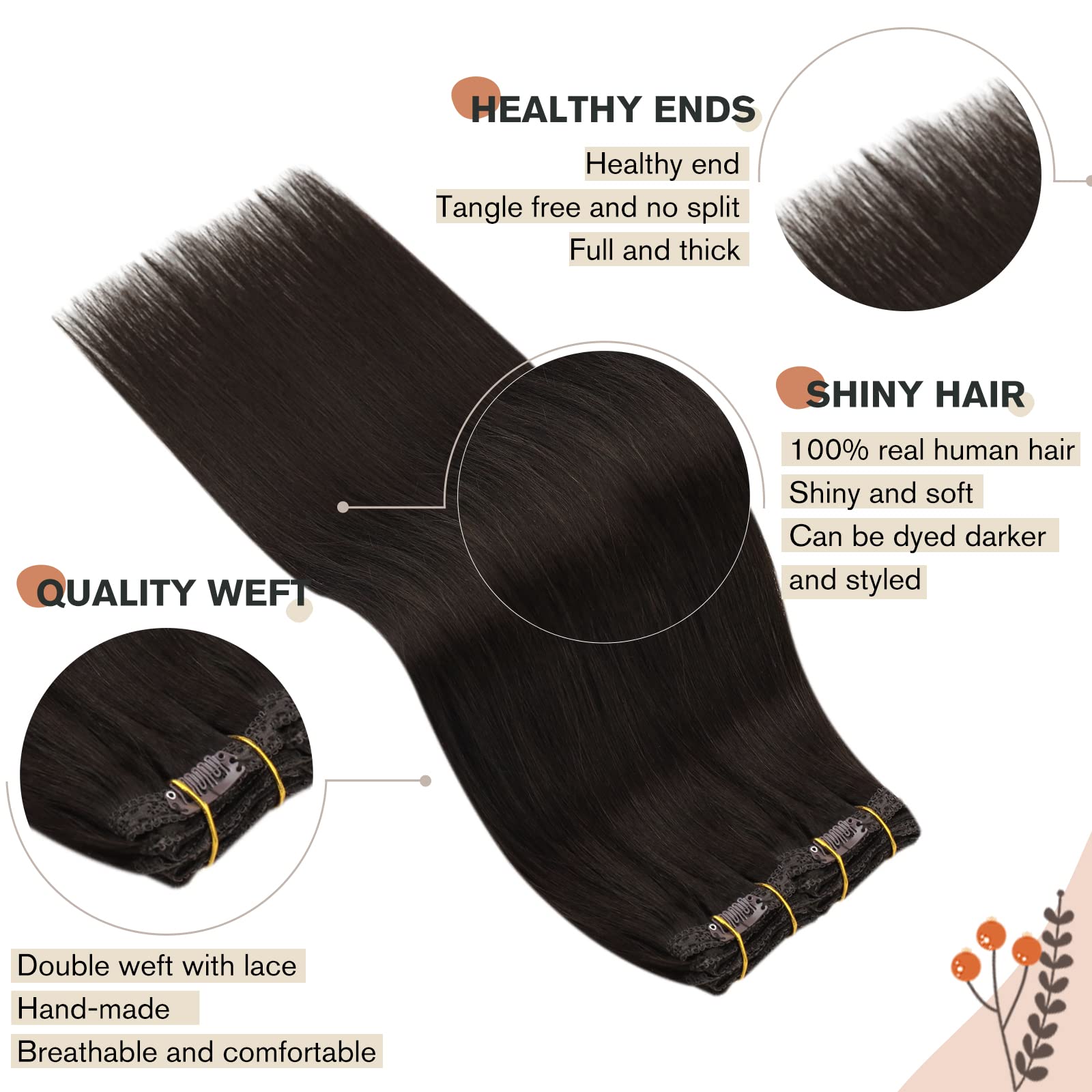 Ugeat 16 Inch Clip In Extensions Human Hair #2 Darkest Brown Clip In Hair Extensions Real Human Hair Double Weft With Lace Clip