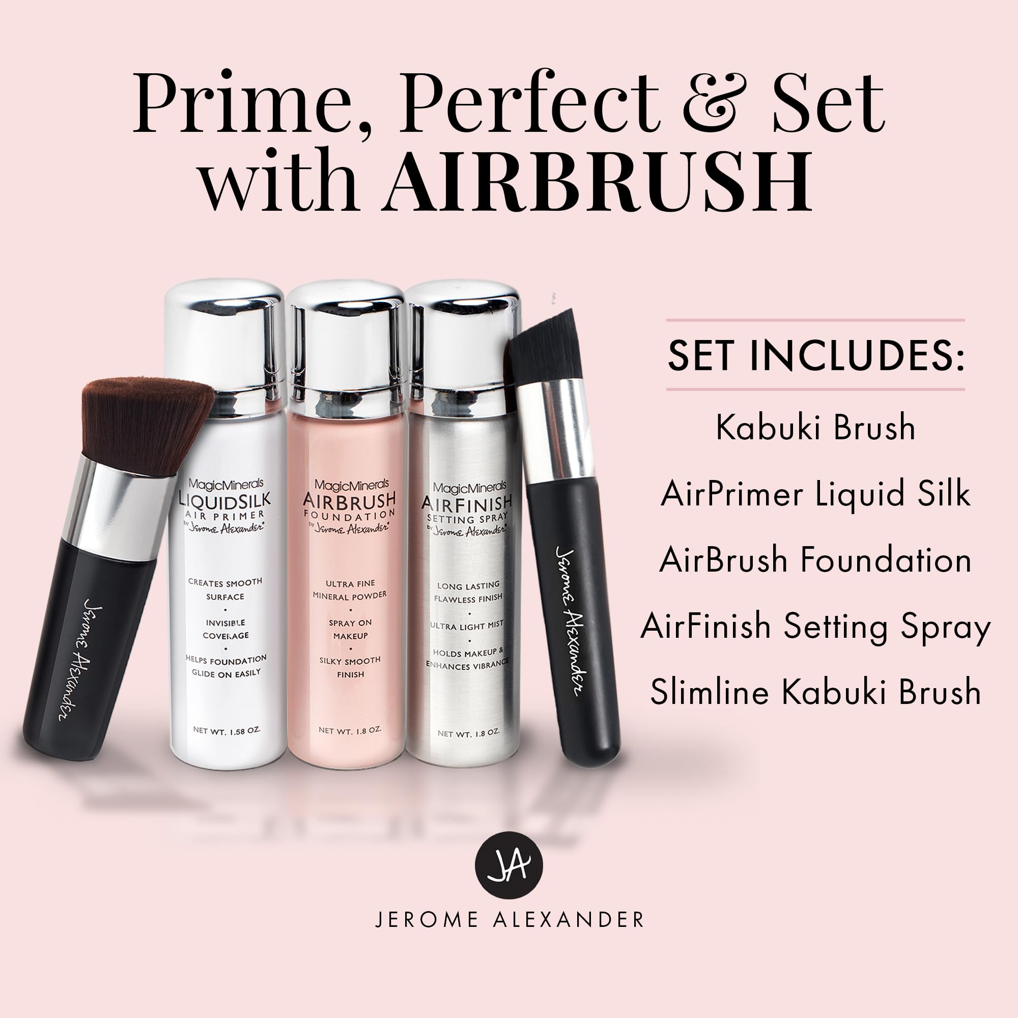 Jerome Alexander Magic Minerals AirBrush Foundation Set - 5pc Pro Starter Kit with Foundation, Primer, Setting Spray - Light Medium