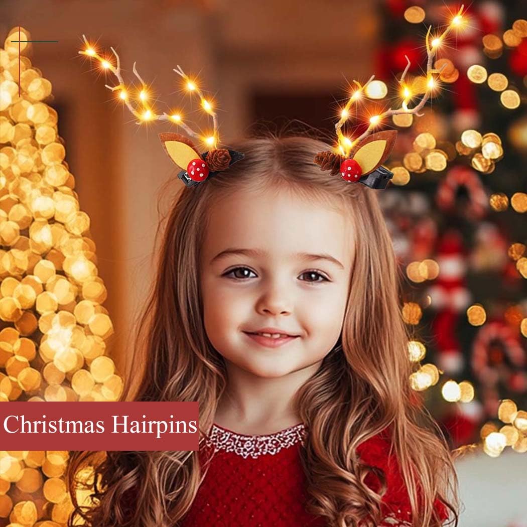 Bartosi Led Light Christmas Hair Clips Reindeer Antlers Xmas Hairpins Hair Barrettes Cute Party Cosplay Head Pieces Hair Accesso