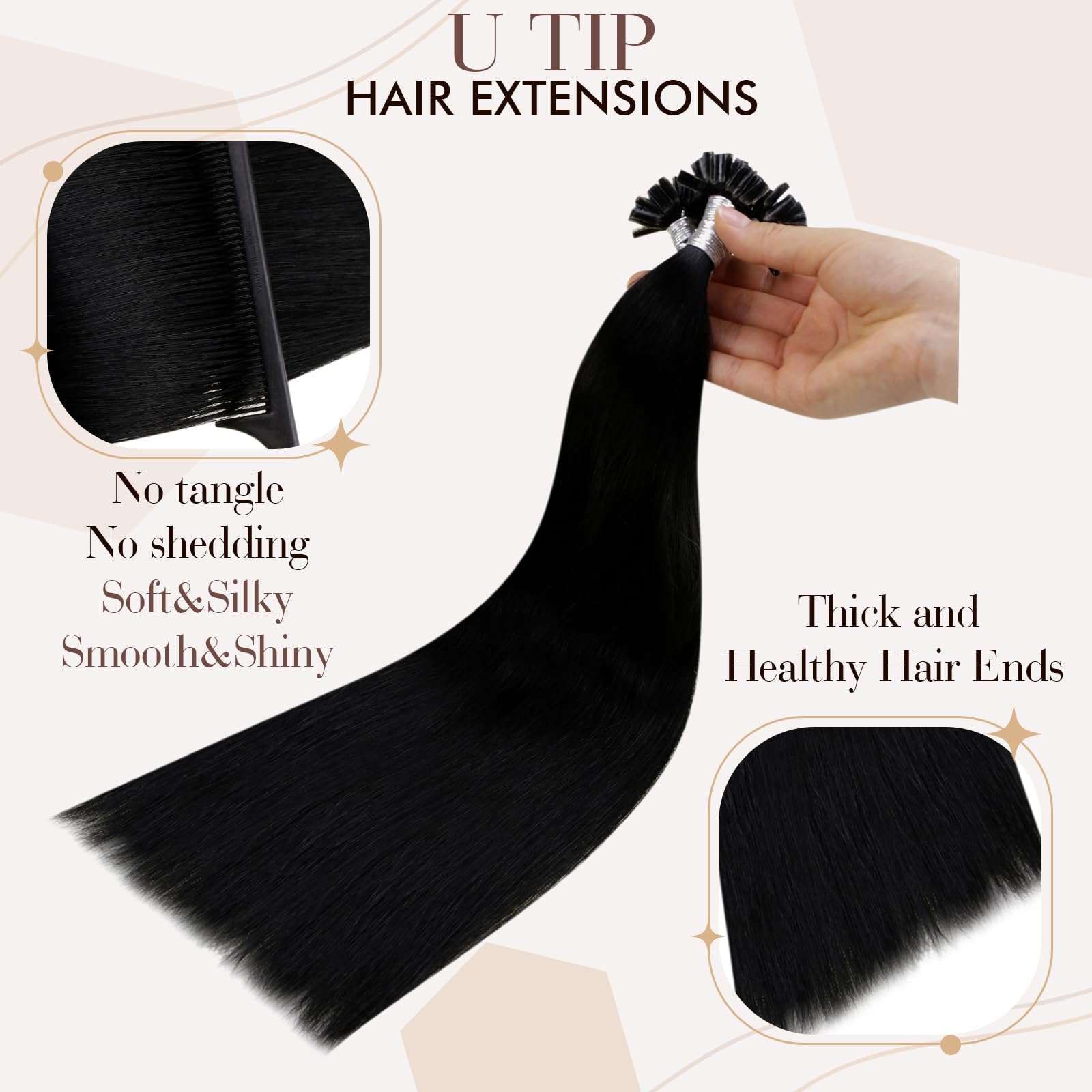 Hetto K Tip Hair Extensions Real Human Hair Invisible Utip Hair Extensions Human Hair Pre Bonded Keratin Hair Extensions #1 Jet