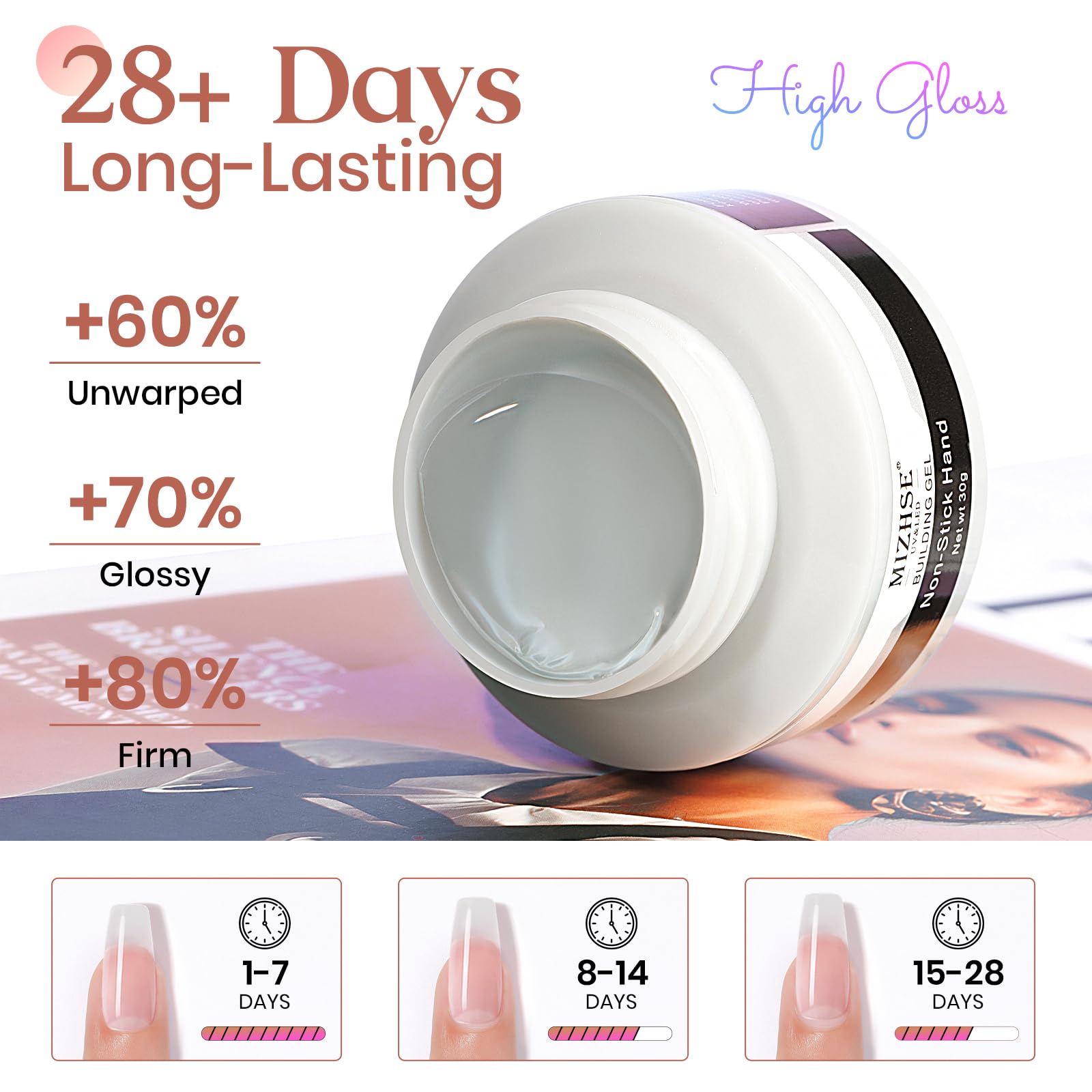 Mizhse Clear Solid Builder Gel For Nails, 30G Hard Gel For Nails Non-Sticky Nail Extension Builder Gel, Nail Strengthen Gel 3D S