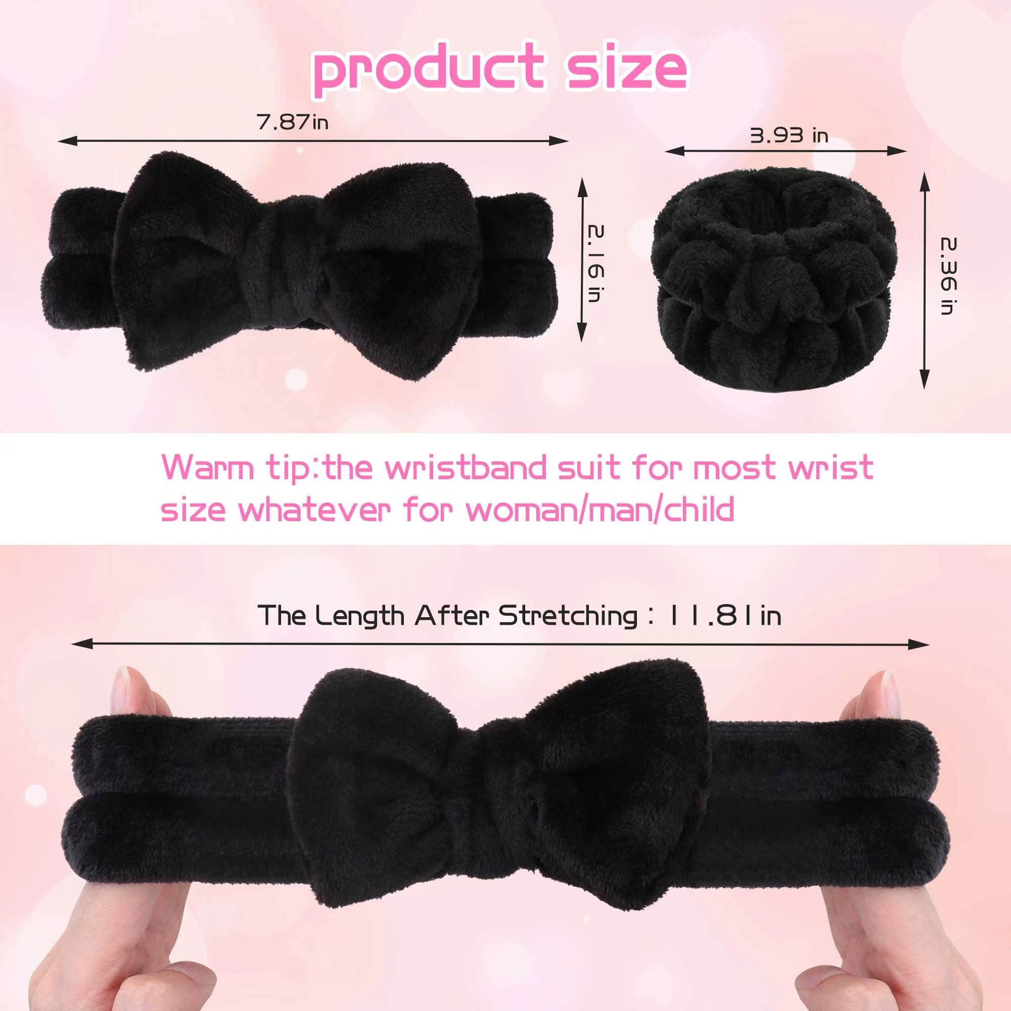 WSYUB Makeup Headbands, 1pcs Black Spa Headband Fluffy Bow Tie Headband Microfiber Face Headband, and 2Pcs Wrist Spa Wash Band A