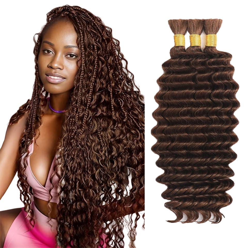 #4 Brown Human Braiding Hair for Boho Braids Human Hair, 24 24 24 Inch 150g 3Pcs,Chocolate Brown Deep Wave Bulk Human Hair for B
