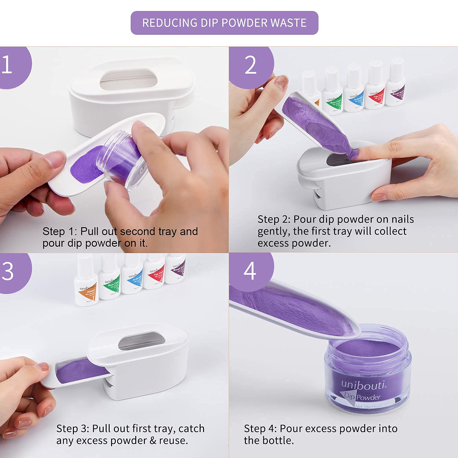 Unibouti Nail Dip Powder Recycling Tray System With Scoops And Cleaning Brush, Nail Art Accessories Makeup Tool Powder Glitter S