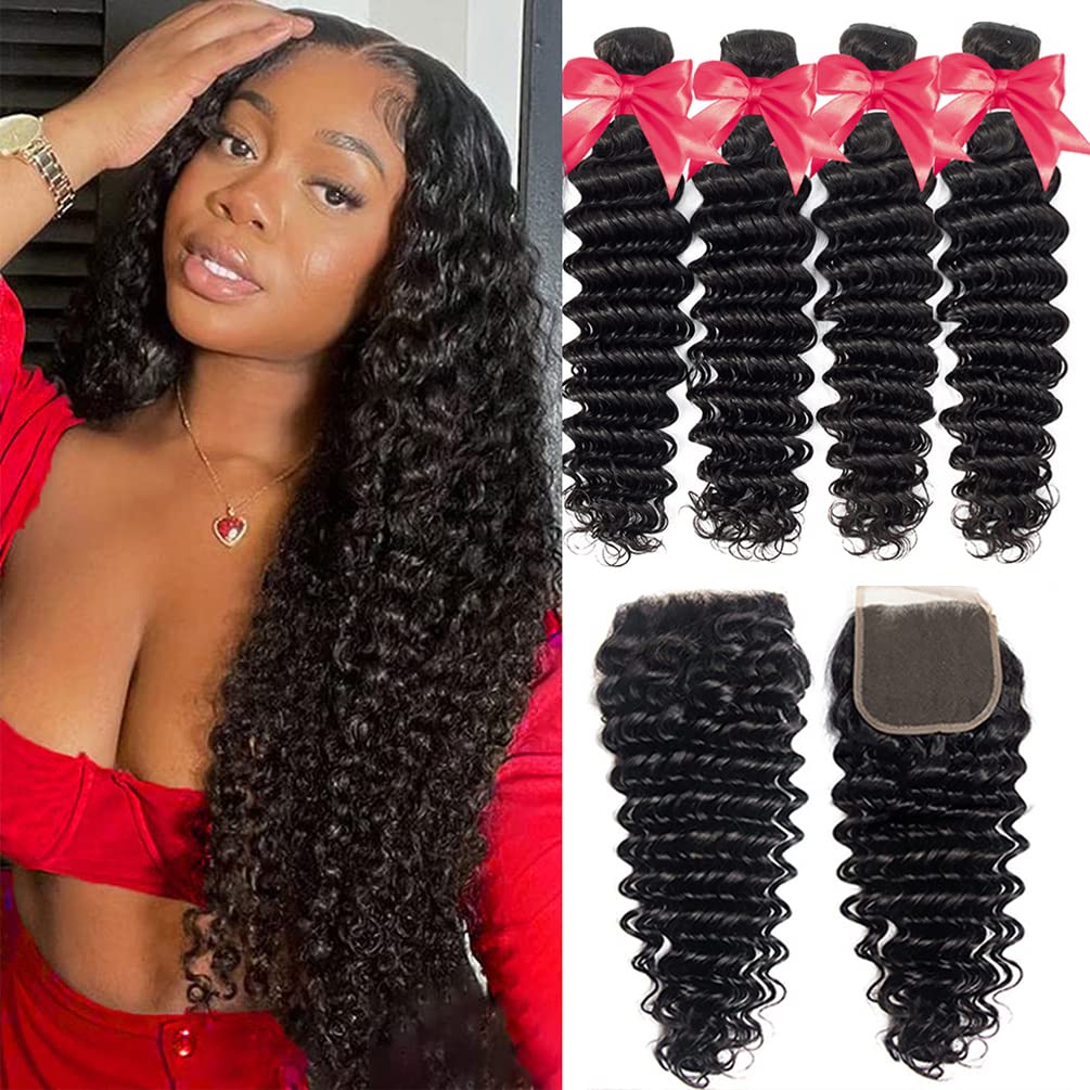 Deep Wave Bundles With Closure Human Hair (18 20 22 24+16) Wet and Wavy Human Hair 4 Bundles with Closure 100% Unprocessed Deep 