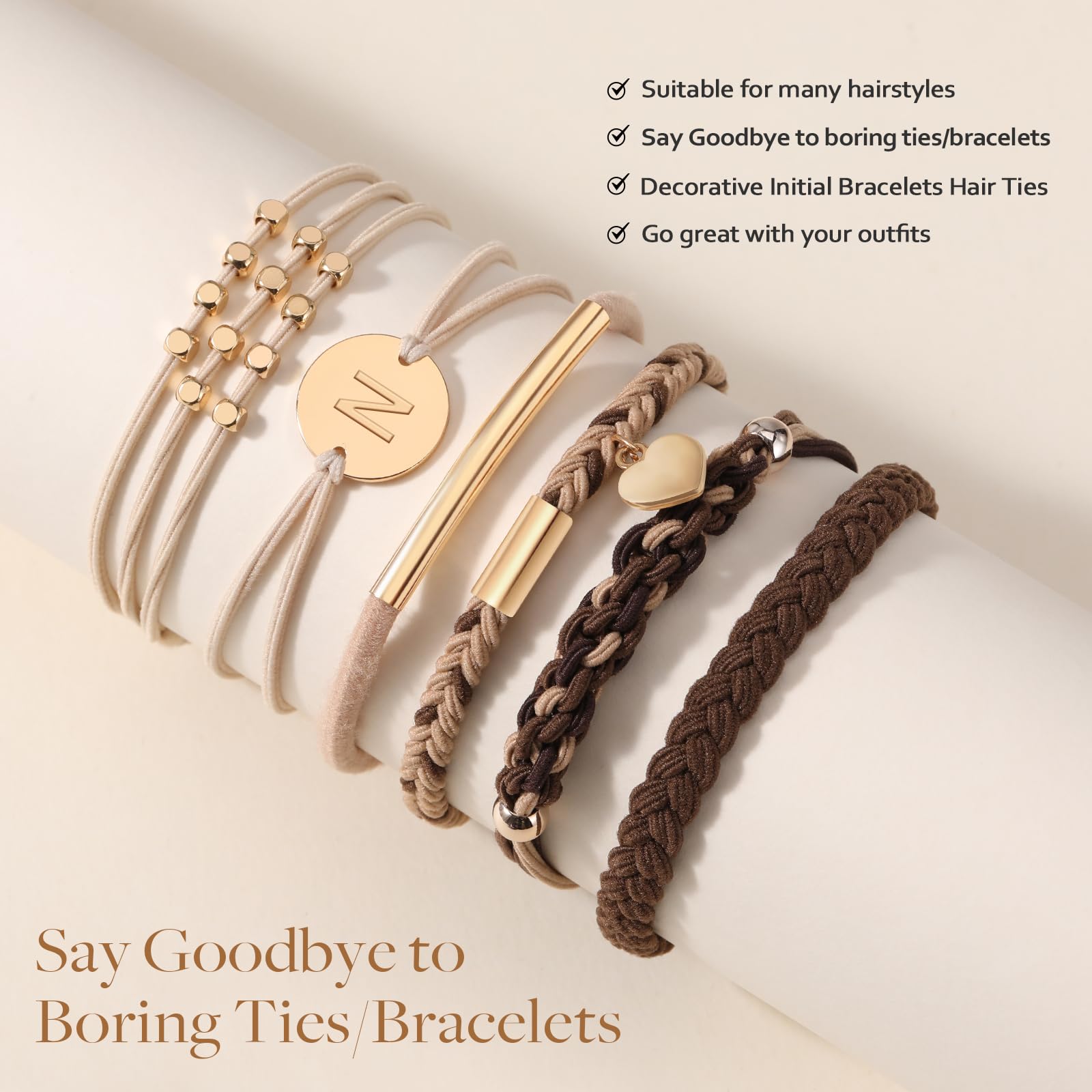 6 Pcs Hair Bracelets For Women, Letter Boho Hair Ties For Thick & Thin Hair, Gold Initial Bracelet Sets, Dual-Use Stretch Bracel