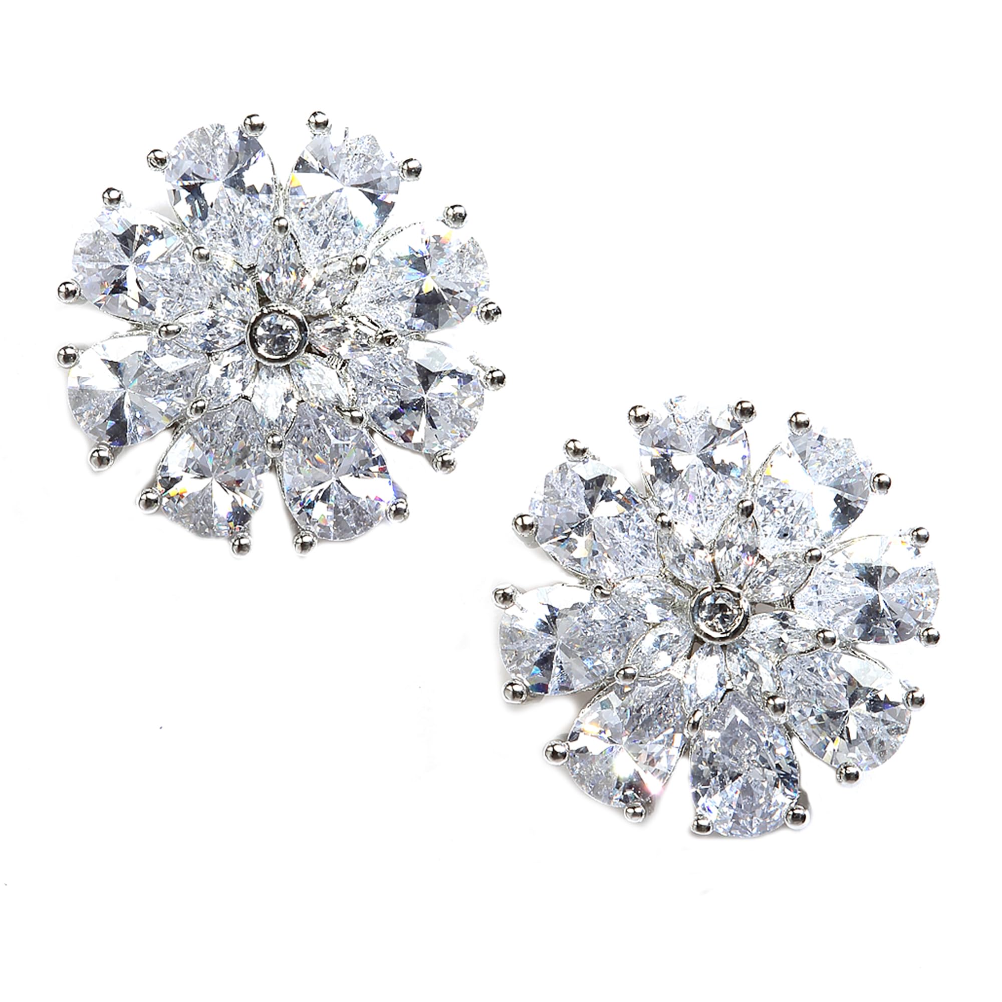 Zeneme Stud Rhodium Plated AD American Diamond FlowerShaped Earrings Ear Studs Jewellery For Women and Girl (White)