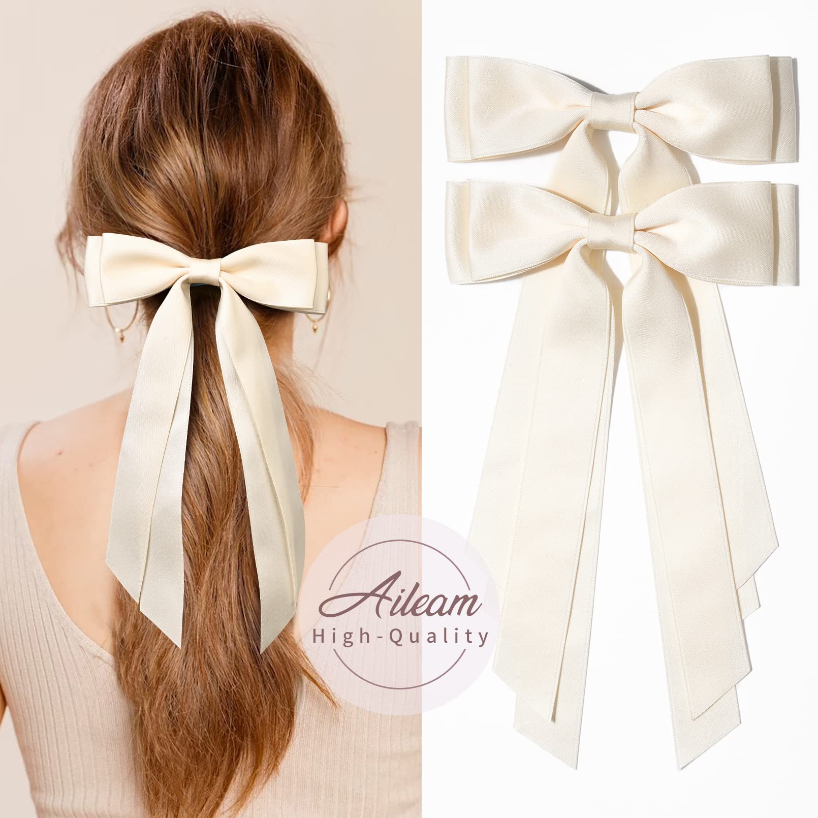 2Pcs Silky Satin Hair Bows Hair Clip Beige Hair Ribbon Ponytail Holder Accessories Slides Metal Clips Hair Bow For Women Girls T