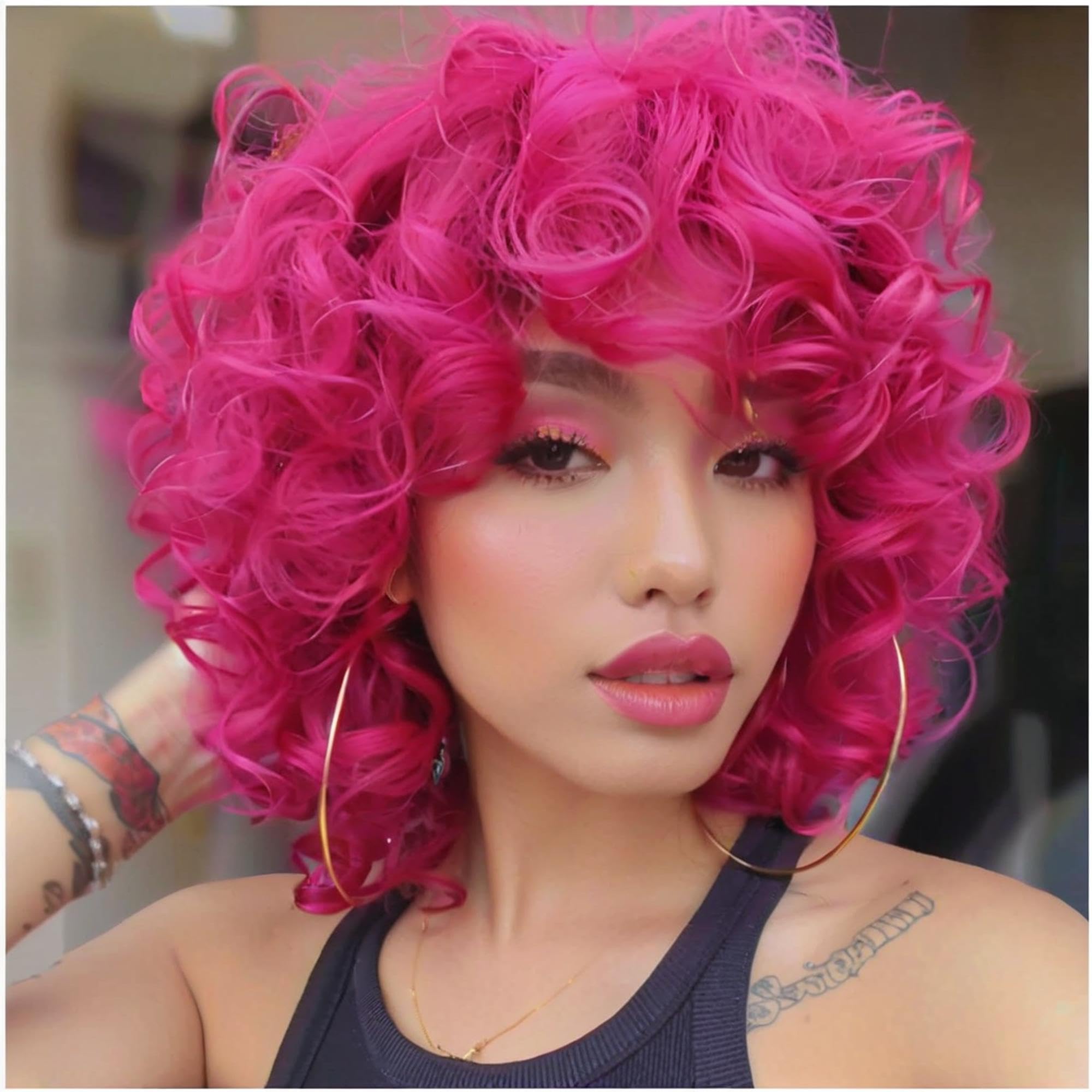 Traqur Curly Wig for Black Women Soft Short Curly Wig with Bangs for American Women(Large Earrings+Makeup Sponge+Wig Cap) (Hot P