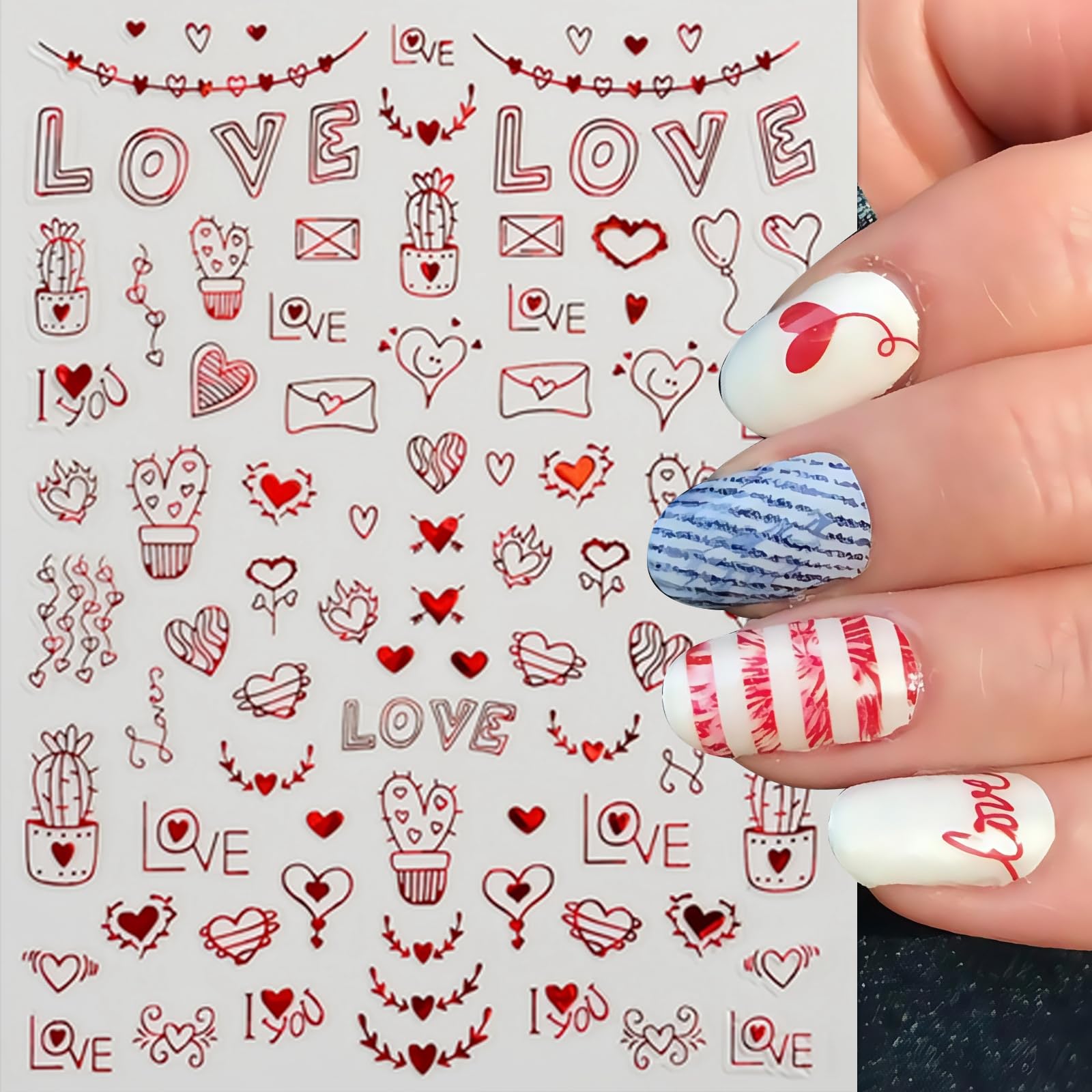 8Pcs Valentines Day Nail Art Stickers Decals Red Heart Nail Sticker Valentines Nail Decals 3D Self-Adhesive Laser Red Love Heart