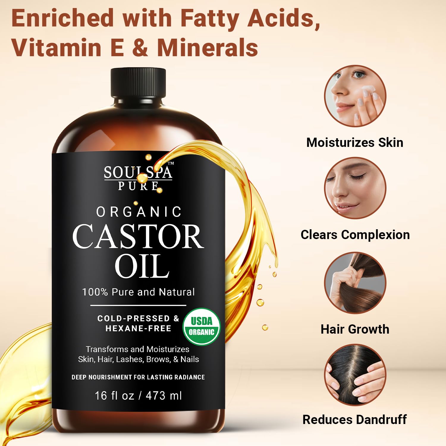 Organic Castor Oil Glass Bottle For Hair Growth, Face, Scalp, Skin | Usda Certified | 100% Pure Castor Oil Organic Cold Pressed