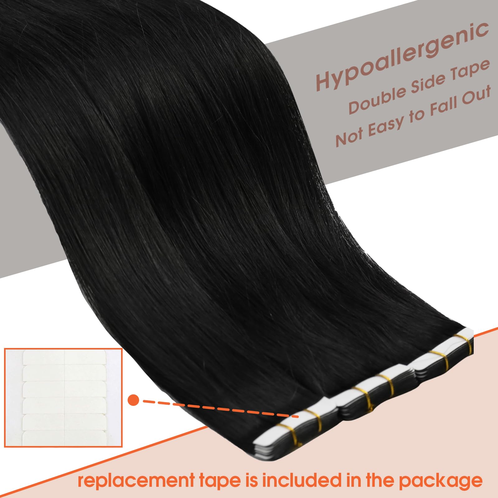 Sunny Hair Tape in Hair Extensions Real Human Hair Invisible Remy Hair Extensions Tape ins for Women Jet Black 18 inch 25G