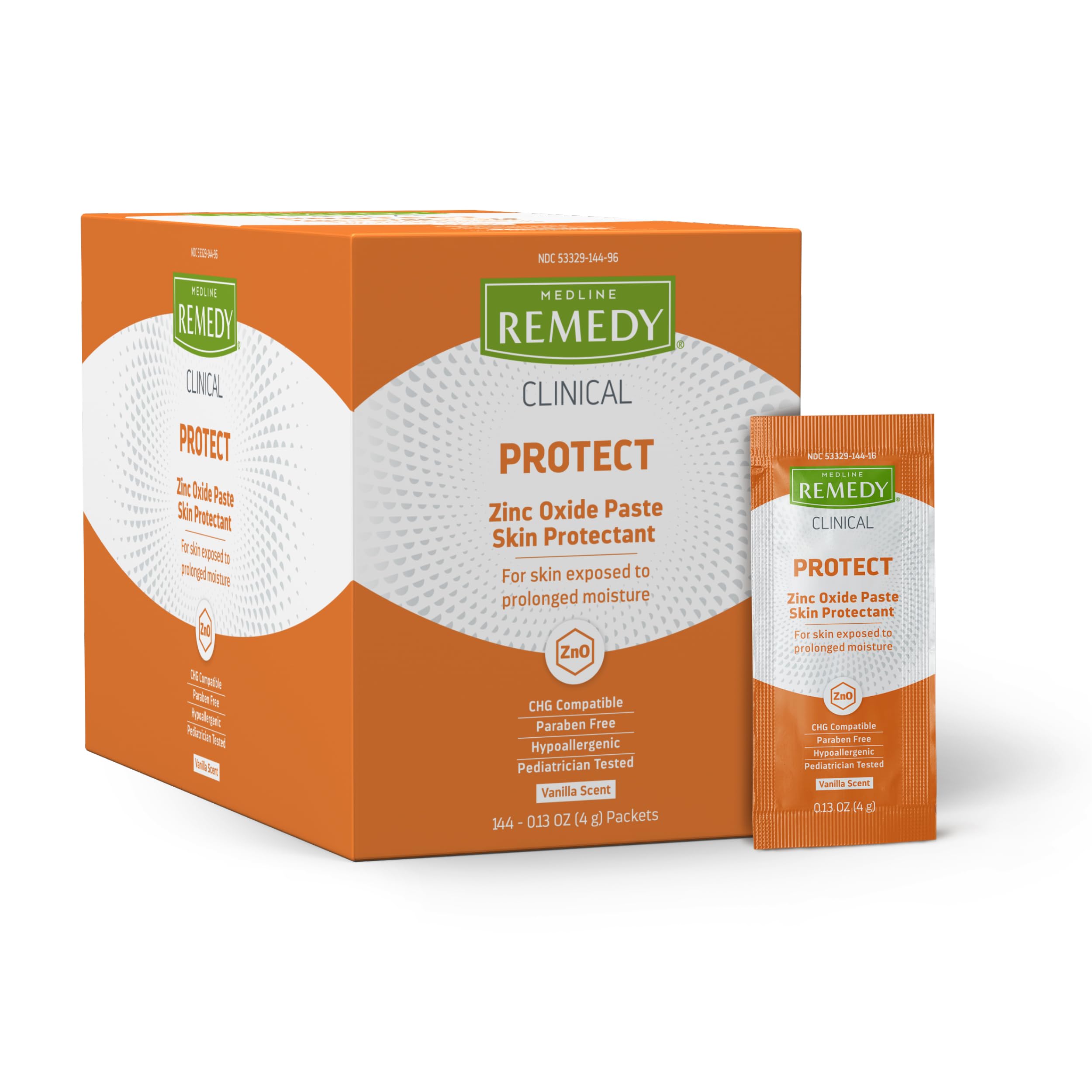 Medline Remedy Clinical Zinc Oxide Paste Skin Protectant, 144 Packets (0.13 Fl Oz), Vanilla Scent, Diaper Rash Cream, Incontinen