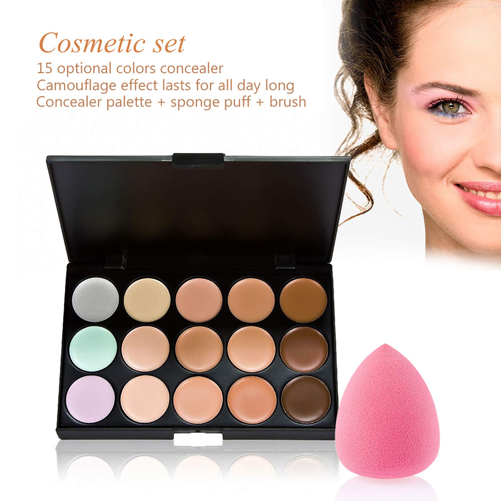Concealer Palette, 15 Colors Makeup Palette Facial Camouflage Contour Palette With Sponge Puff Oval & Makeup Brush Beauty Make U