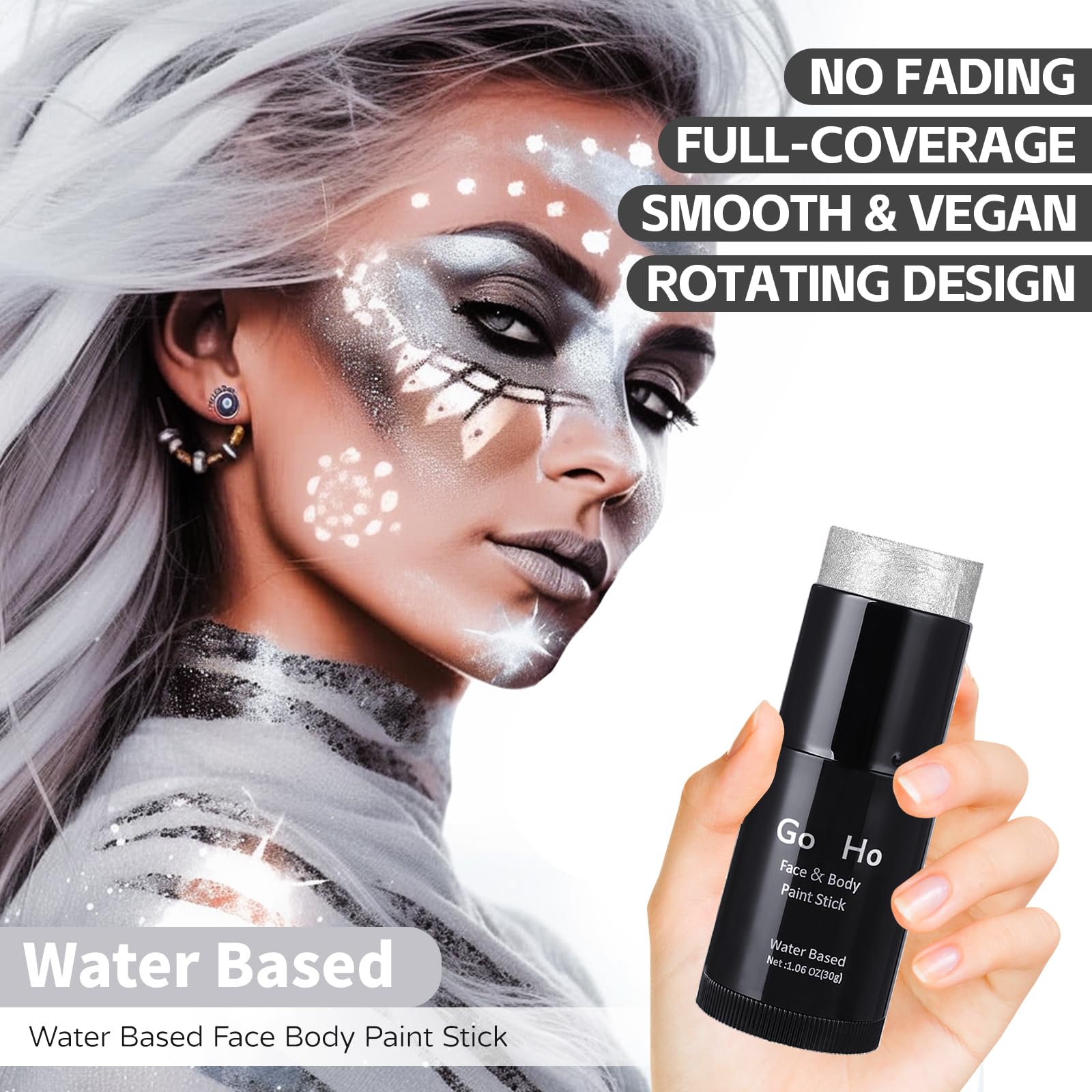 Go Ho Pearl Silver Face Body Paint Stick,Water Based Washable Silver Face Paint Stick,Non-Toxic Full-Coverage Cream Silver Body