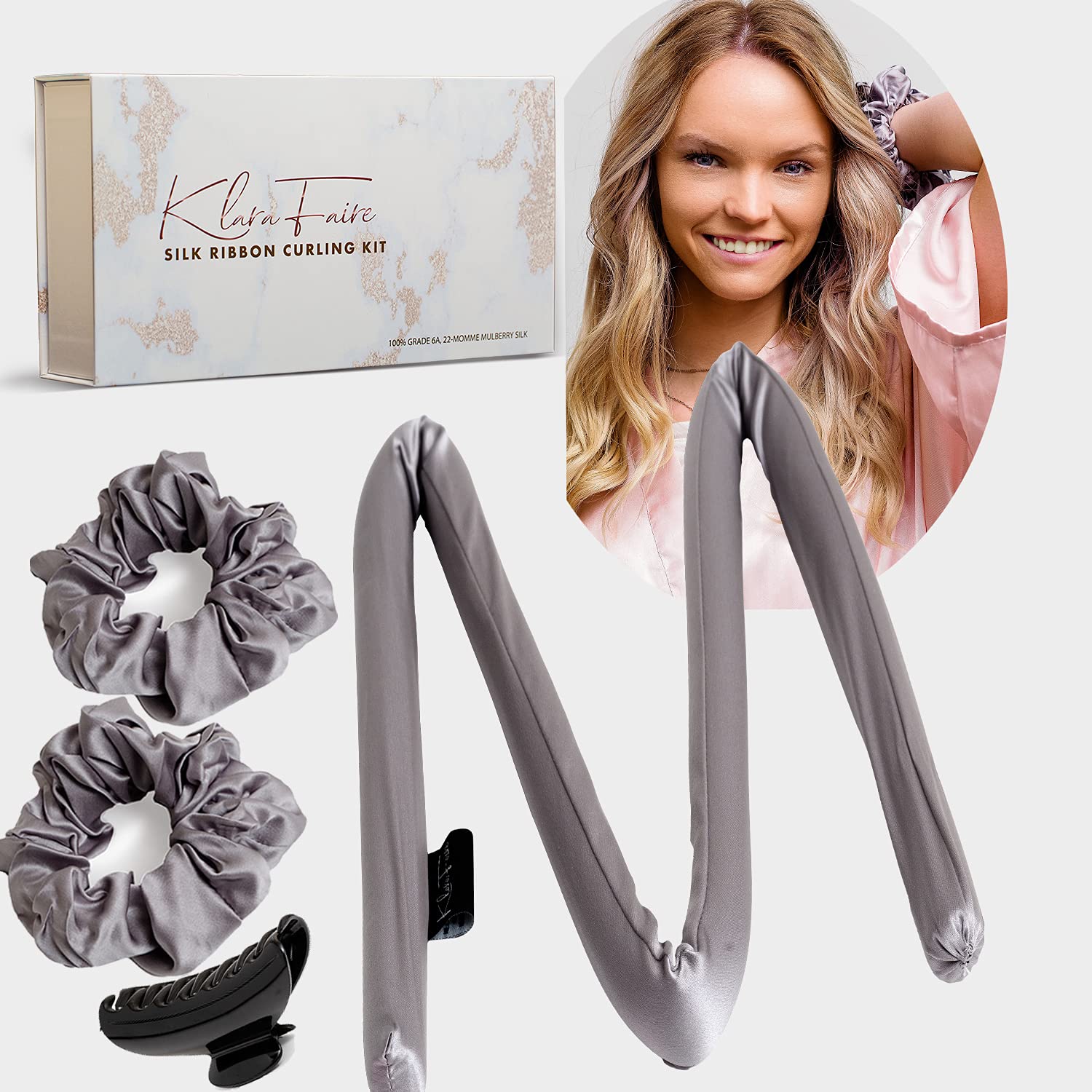 Klara Faire Heatless Hair Curlers -100% Silk Heatless Curling Rod Headband w/ 2Silk Hair Ties & 1Hair Clip | Authentic Grade 6A 