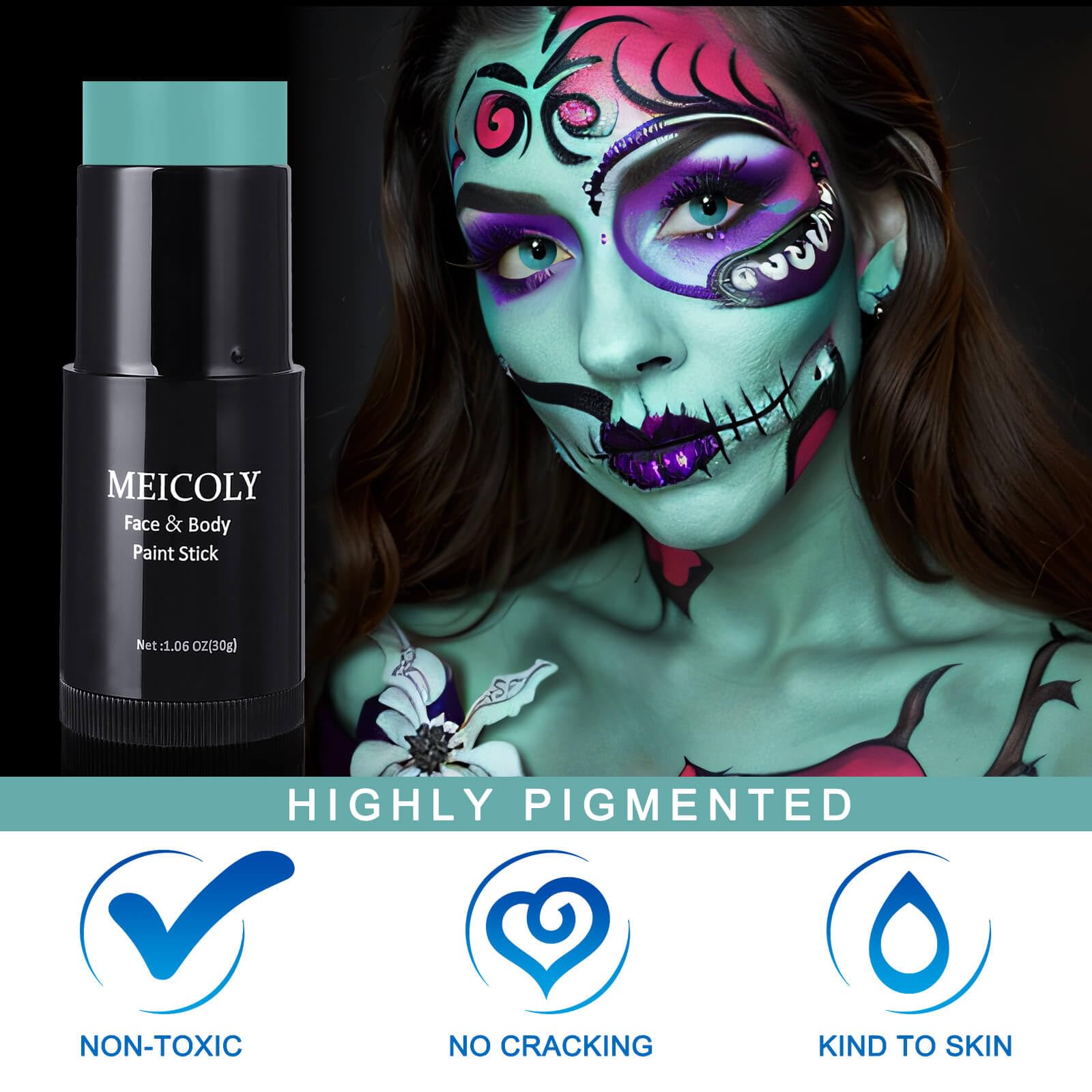 Meicoly Teal Face Body Paint Stick(1.06 Oz),Cream Blendable Full Body Paint Stick,Peacock Face Paint,Sweatproof Waterproof Face