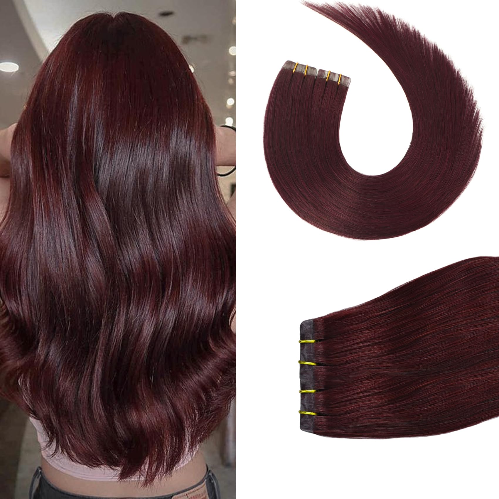 Tape In Hair Extensions 99J 100% Remy Human Hair Extensions Silky Straight For Fashion Women 20 Pcs/Package(14Inch #99J 30G)