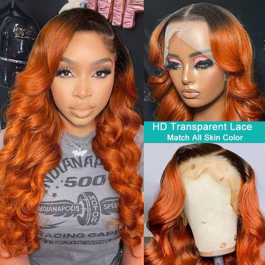 Yms Human Hair Wigs For Black Women 180% Density Ombre Orange Transparent Hd 13X4 Lace Front Wigs Human Hair Pre Plucked 100% Un