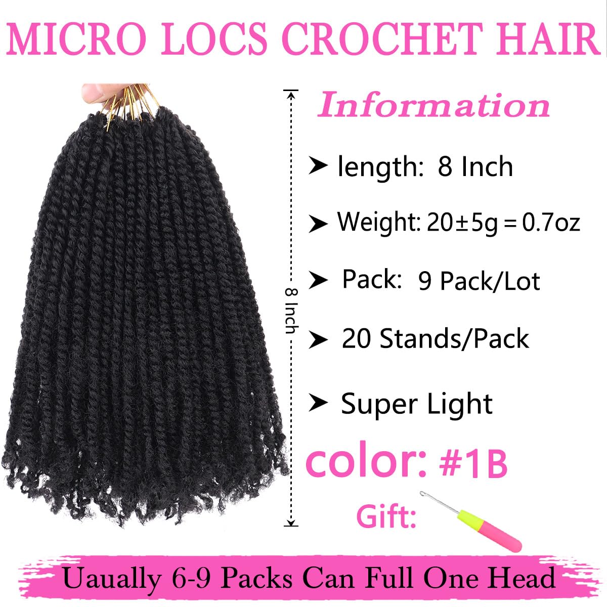 COOKOO 8 Inch Micro Twist Crochet Hair Extensions, 9 Packs, Natural Black, Pre-twisted Mini Passion Twist, Synthetic, 1B#