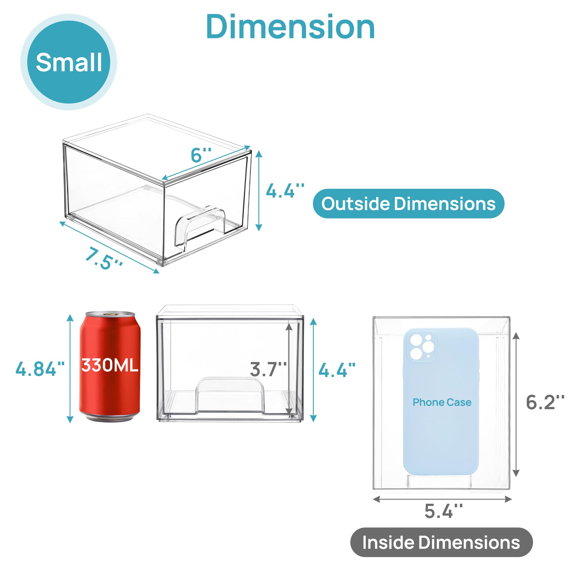 Vtopmart 4Pack Stackable Storage Drawer, 4.4'' Tall Bathroom Makeup Organizer,Plastic Storage Bins For Vanity, Undersink, Kitche
