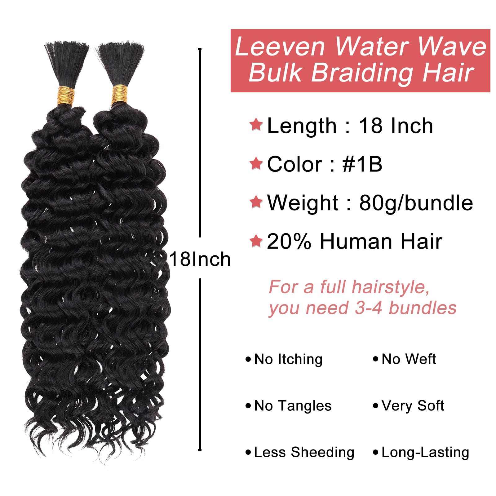 Leeven Water Wave Bulk Braiding Hair 18 Inch 160G No Weft Human Hair Mixed Synthetic Natural Black Curly Hair Bundle For Boho Br