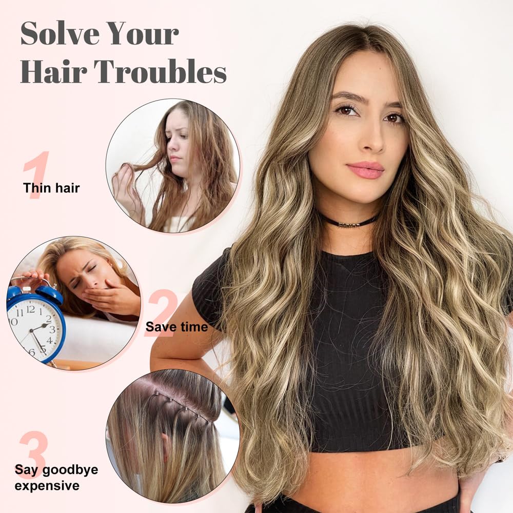 Alxnan Clip In Hair Extensions For Women,Medium Brown Ash Blonde Long Wavy Hair Extensions Clip Ins 4Pcs 24 Inch Synthetic Soft