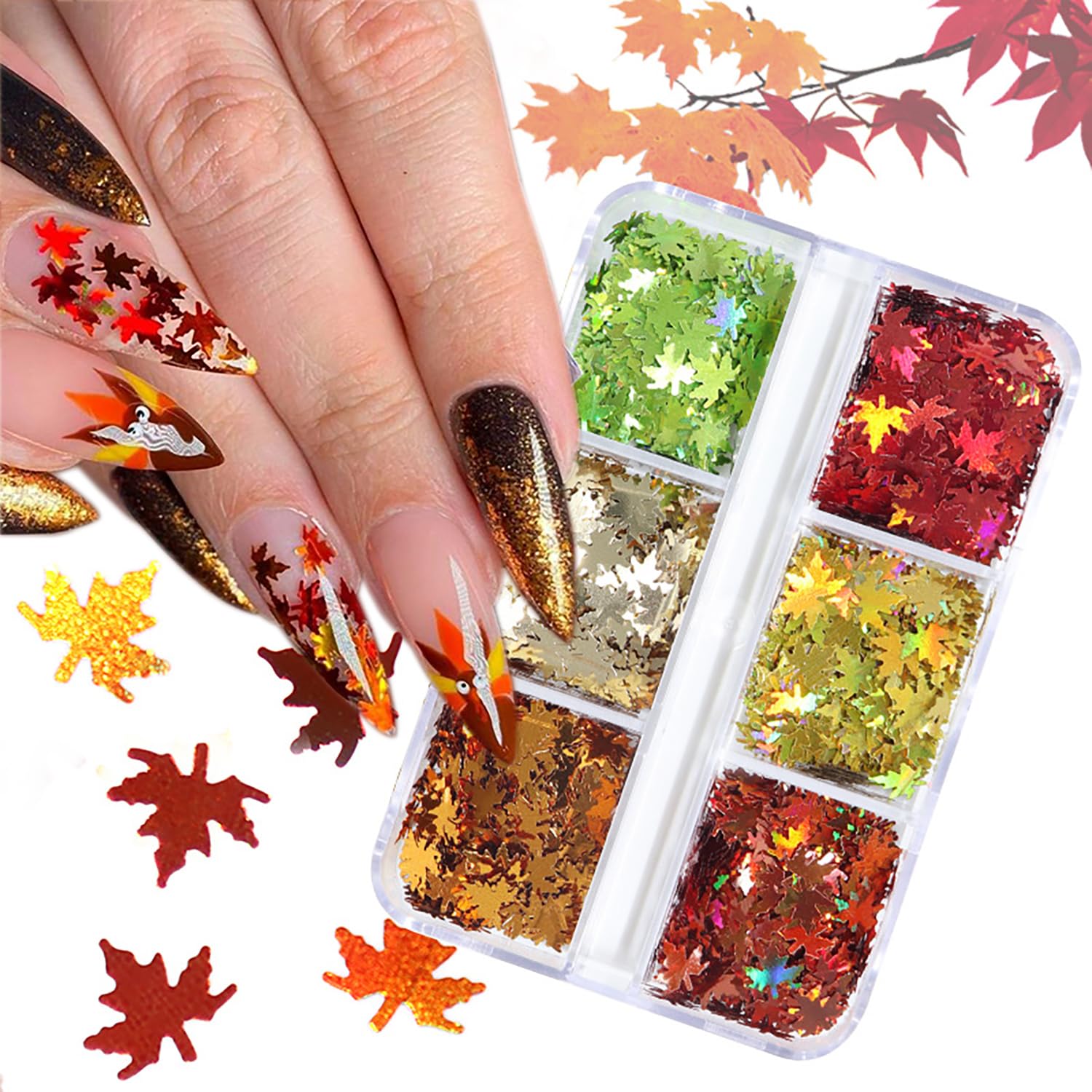 Maple Leaf Nail Art Glitter Sequins 3D Fall Leaves Nail Sequins Autumn Maple Leaves Glitter Nail Flakes Holographic Confetti 6 C