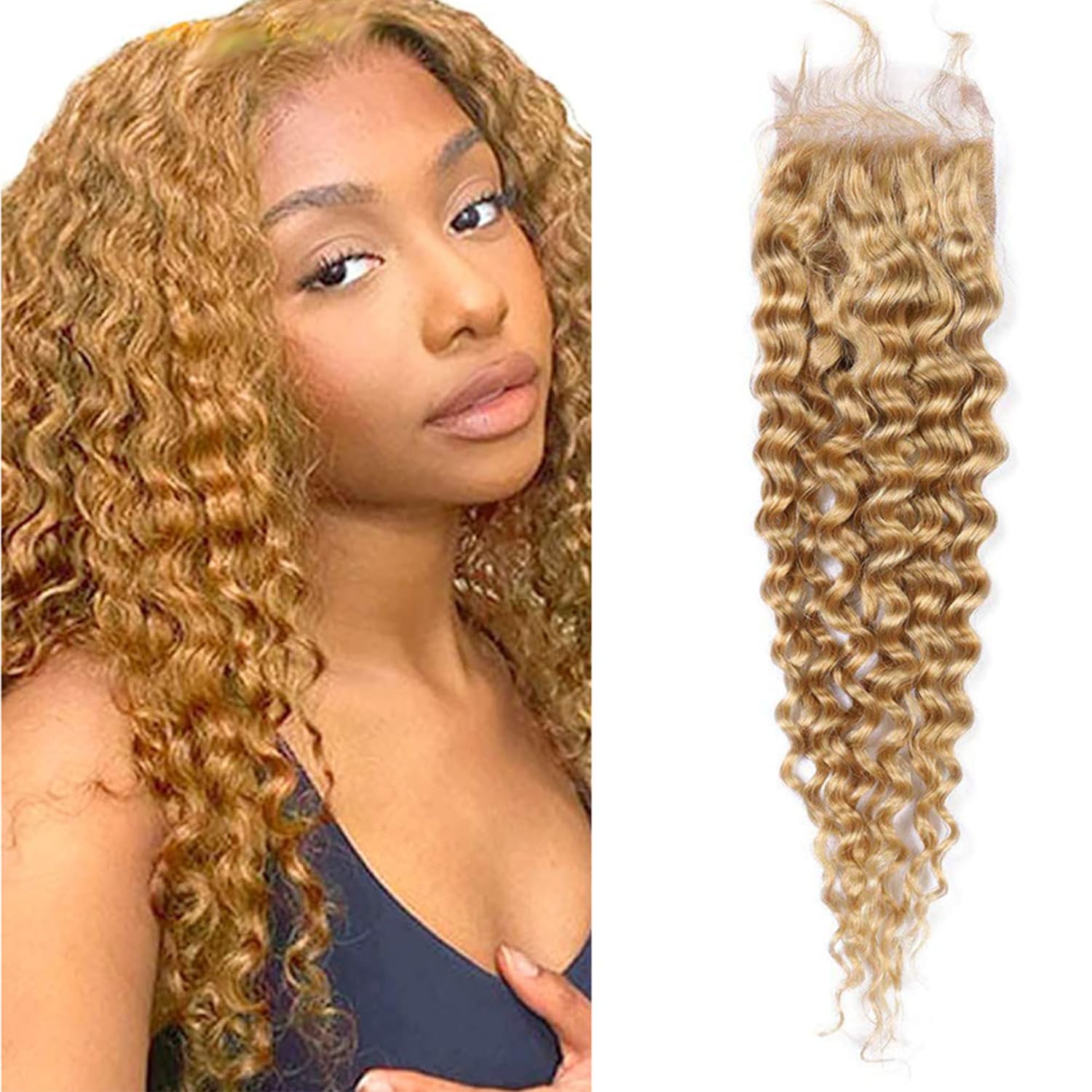 Honey Blonde Closure 4X4 Transparent Lace Front Closure Curly Wave #27 Pre Plucked With Baby Hair Raw Remy Brazilian Virgin Huma