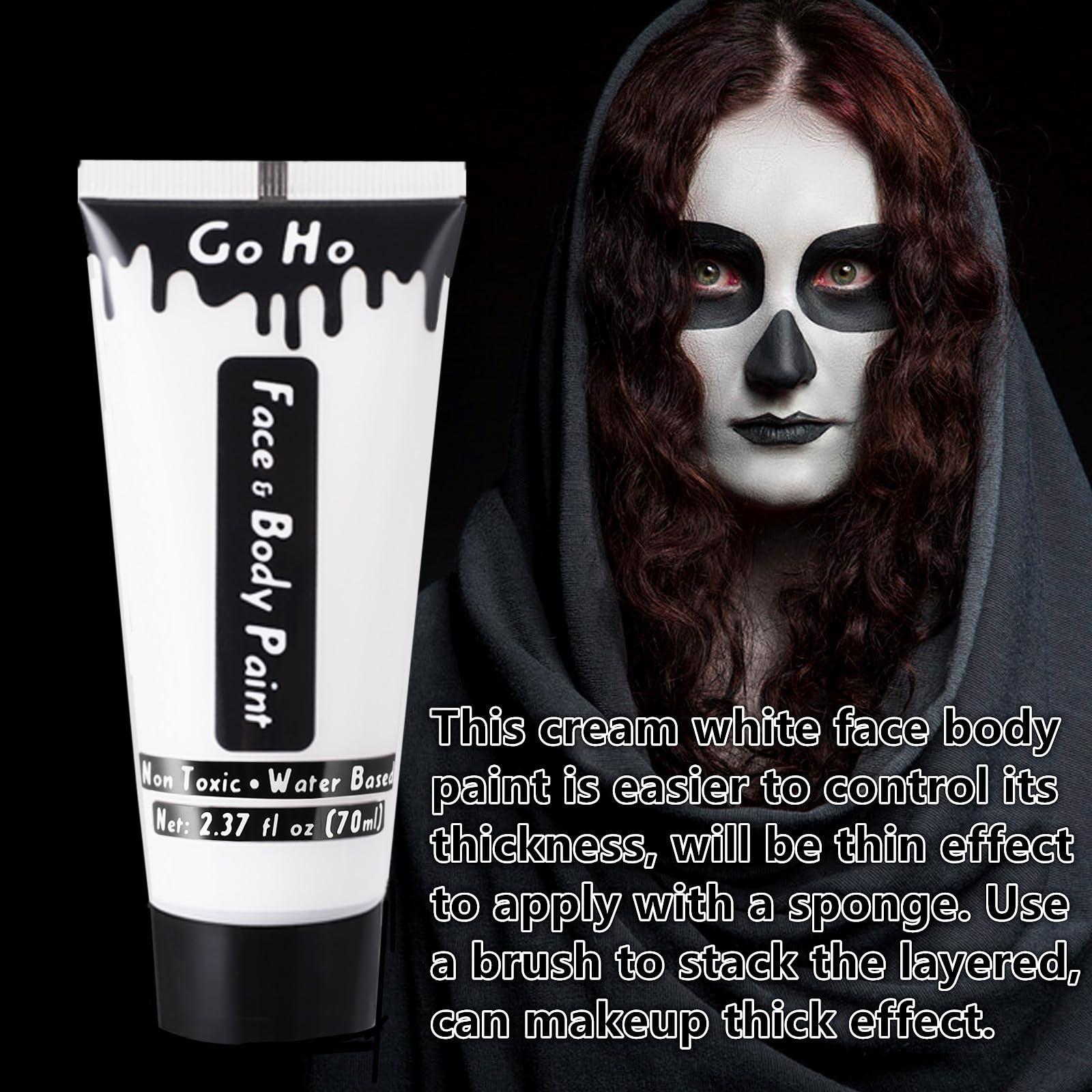 Go Ho Clown White Black Red Face Body Paint Washable(7 Oz) For Halloween Makeup,Cream Water Based White Black Vampire Skeleton C