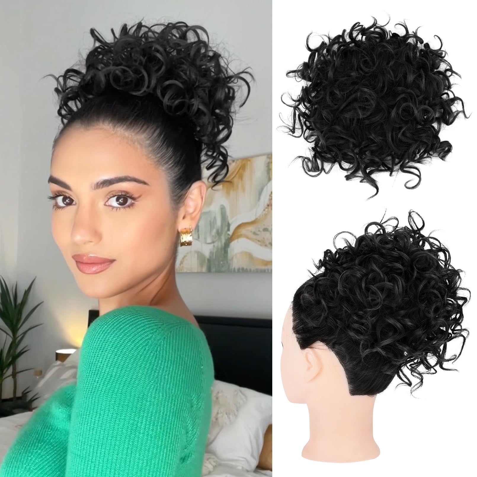 HOOJIH Messy Hair Bun Hair Piece Elastic Drawstring Loose Wave Large Curly Bun Short Synthetic Ponytail Extension Hair Bun Exten