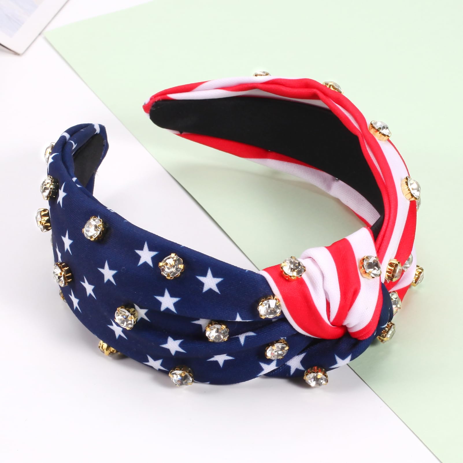 4 th of July Headbands for Women Girls American Flag Wide Knottted Headband USA Red White and Blue Rhinestone Patriotic Headband